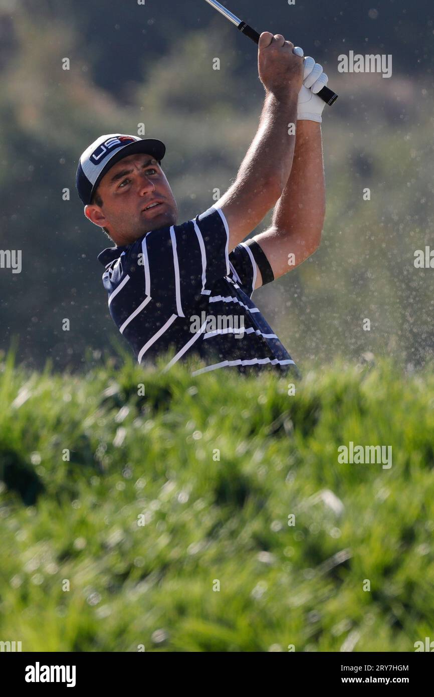 Guidonia Montecelio, Rom, Italien. September 2023 29. Sam Burns während der 44. Ryder Cup-Spiele, Europa gegen USA, Tag 1 im Marco Simone Golf Rom, Italien (Credit Image: © Ciro de Luca/ZUMA Press Wire) NUR REDAKTIONELLE VERWENDUNG! Nicht für kommerzielle ZWECKE! Stockfoto