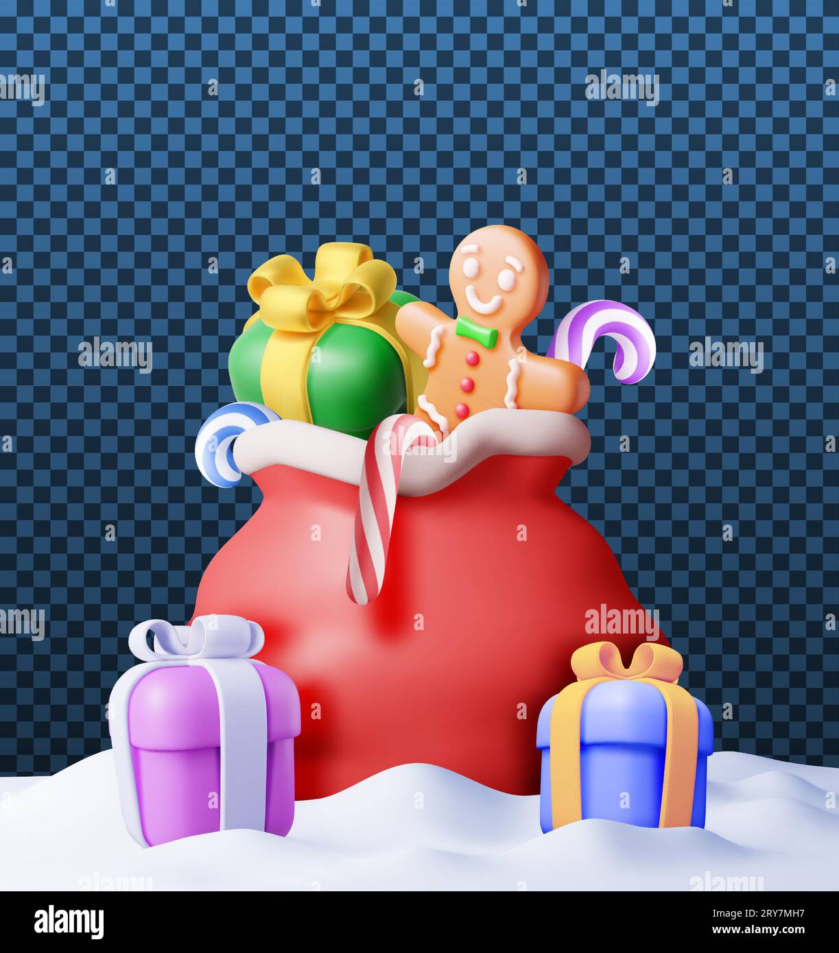 3D Open Santa Claus Sack voller Geschenke im Schnee Stock Vektor