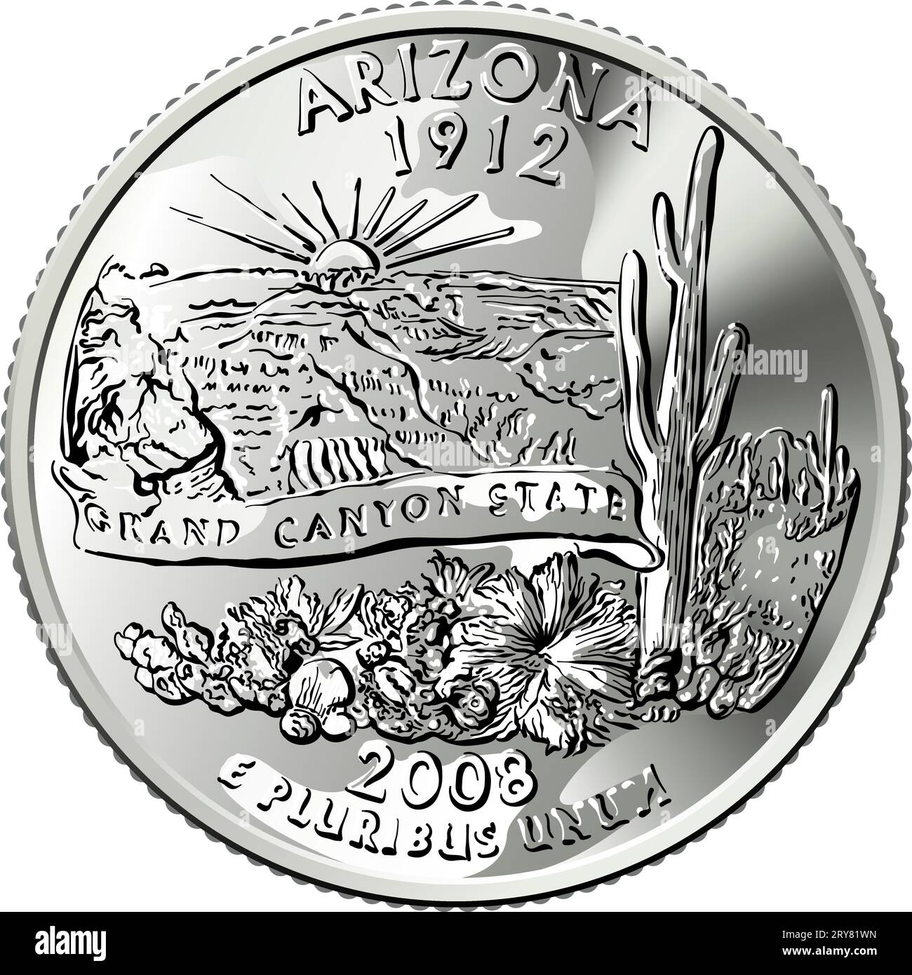 American Money, USA Washington Quarter Dollar Arizona oder 25-Cent-Münze, Grand Canyon auf dem Rückspiegel Stock Vektor