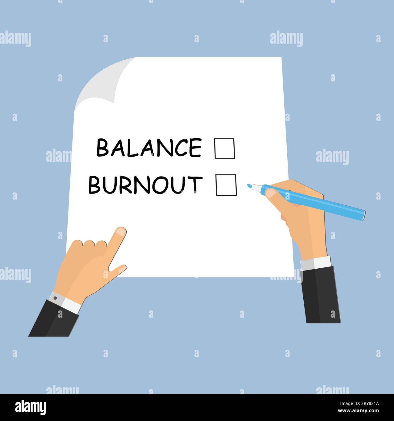Halten Sie den Stift bereit, um eine Checkliste auf Papier mit den Worten Burnout und Balance auszufüllen Stock Vektor