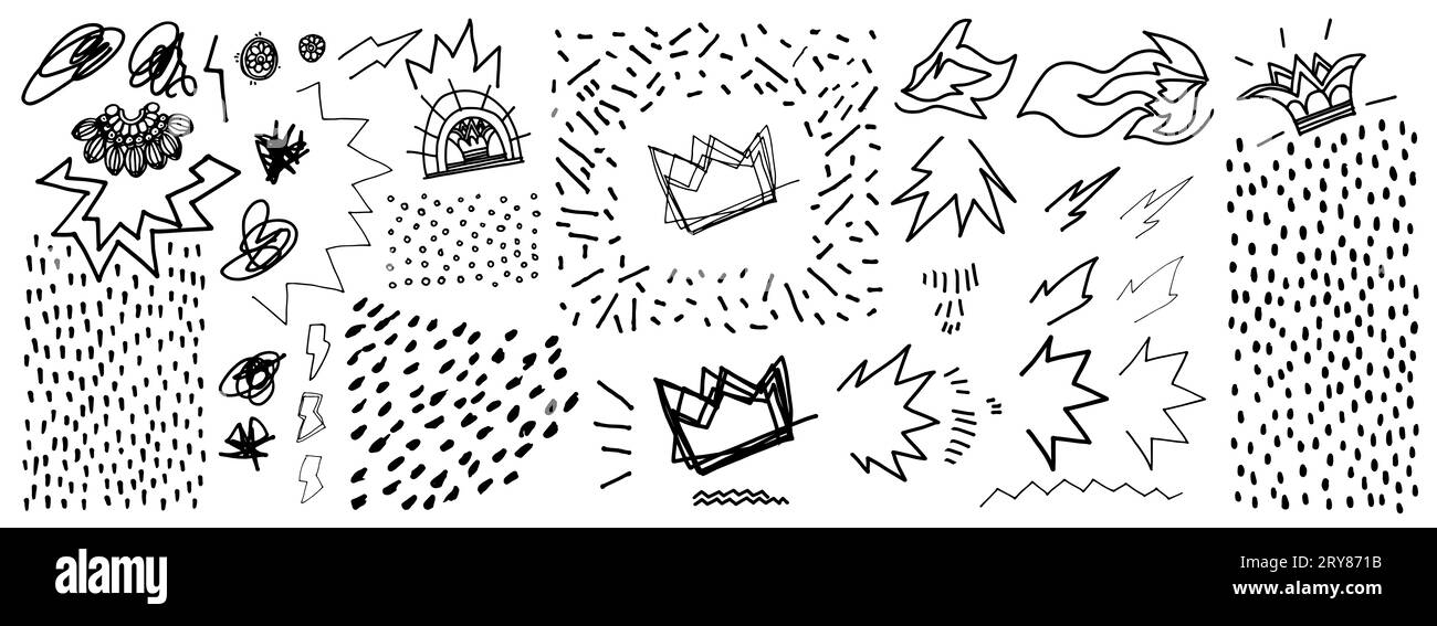 Eine Quelle von Kritzeleien, handgefertigte Zeichen mit Filzstift. Grafikelemente für die Erstellung zeitgenössischer Designs Stockfoto