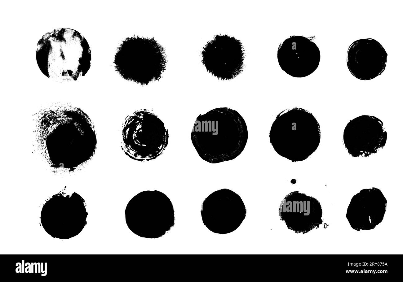 Satz Pinselstriche mit Farbe, echte handgefertigte Striche mit runden, kreisförmigen Formen, Vektorstriche in schwarzer Farbe Stockfoto