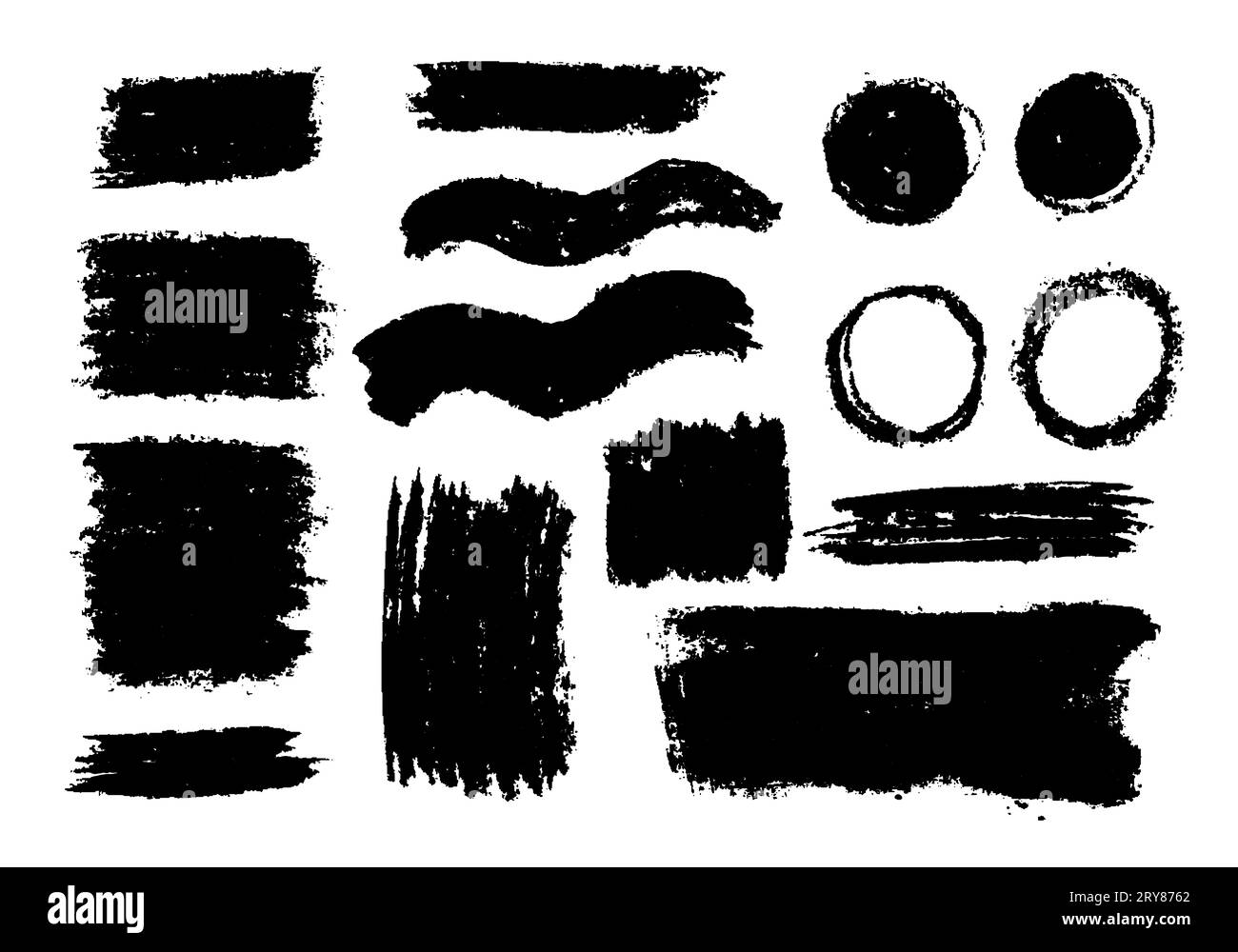 Satz von Strichen aus Graphit, echte handgefertigte Striche mit verschiedenen Formen, kreisförmig, gewellt, lang; Satz von Vektorstrichen in schwarzer Farbe. Stockfoto