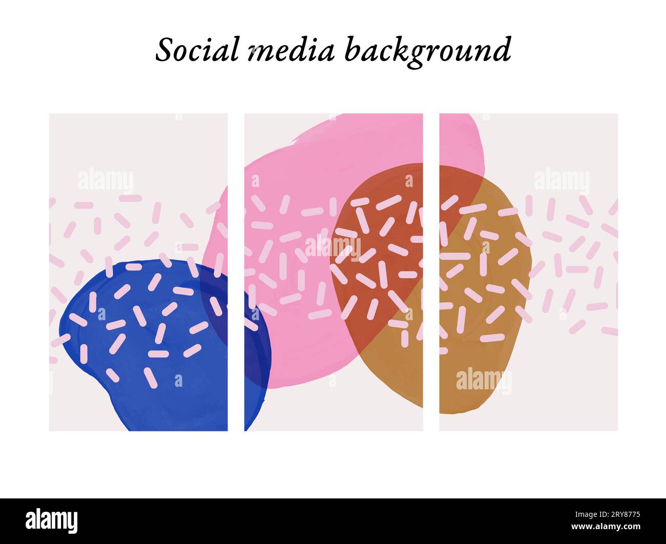 Social Media-Story-Design-Vorlagen mit abstrakten Formen, Pinselspuren in Pink, Gold und Blau, mit Platz für Text und Bilder. Stockfoto