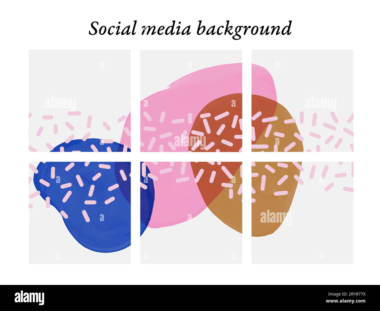 Entwerfen Sie Vorlagen für Social-Media-Posts in abstrakter Form, Pinselspuren in Pink, Gold und Blau mit Platz für Text und Bilder. Stockfoto