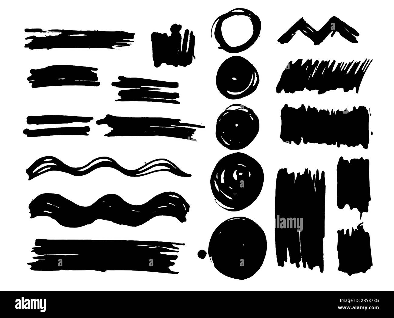 Satz von Pinselstrichen, echte fließende Pinselstriche von Hand mit verschiedenen Formen, kreisförmig, gewellt, lang; Satz von vektorisierten Pinselstrichen in schwarzem c Stockfoto