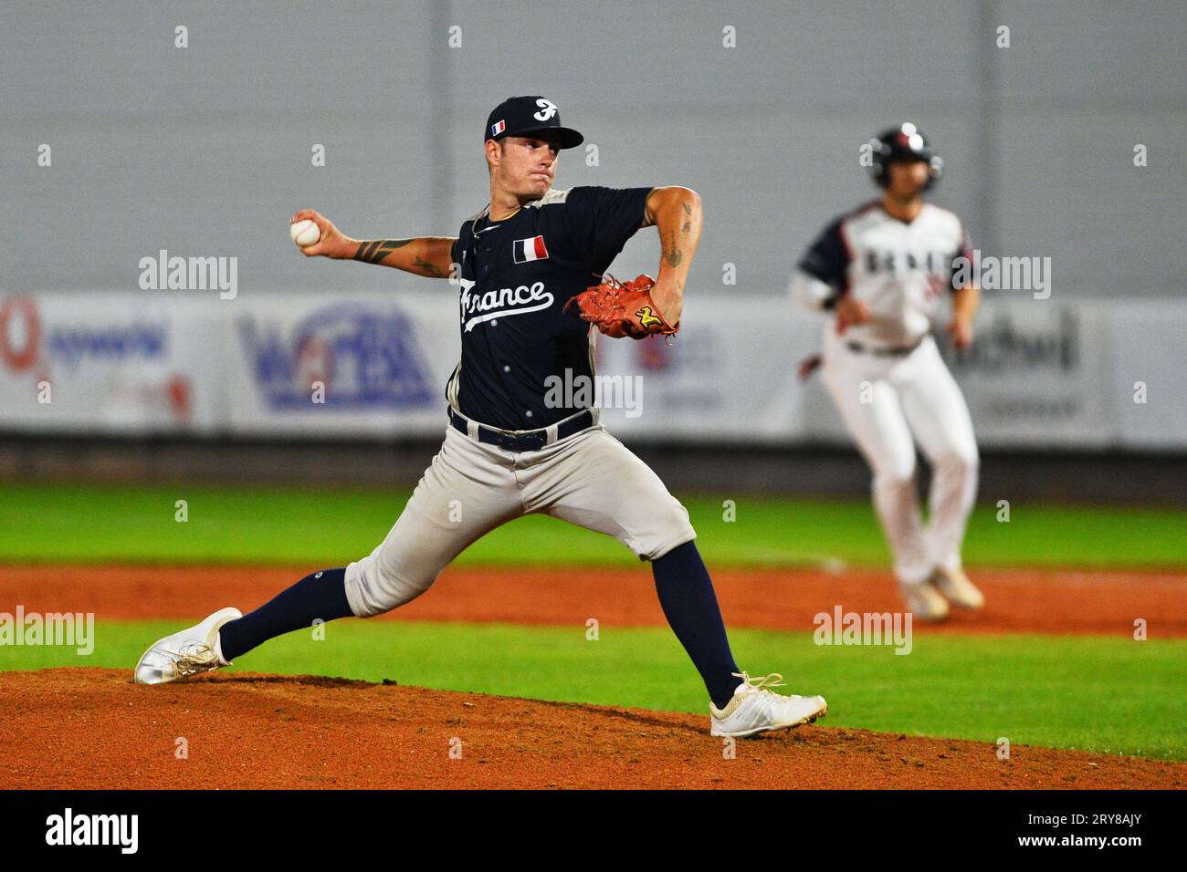 Brünn, Tschechische Republik. September 2023 29. Nicolas Antoine aus Frankreich in Aktion beim Baseball-Europameisterschaftsspiel der Männer Tschechische Republik gegen Frankreich in Brünn, Tschechische Republik, 29. September 2023. Quelle: Patrik Uhlir/CTK Photo/Alamy Live News Stockfoto