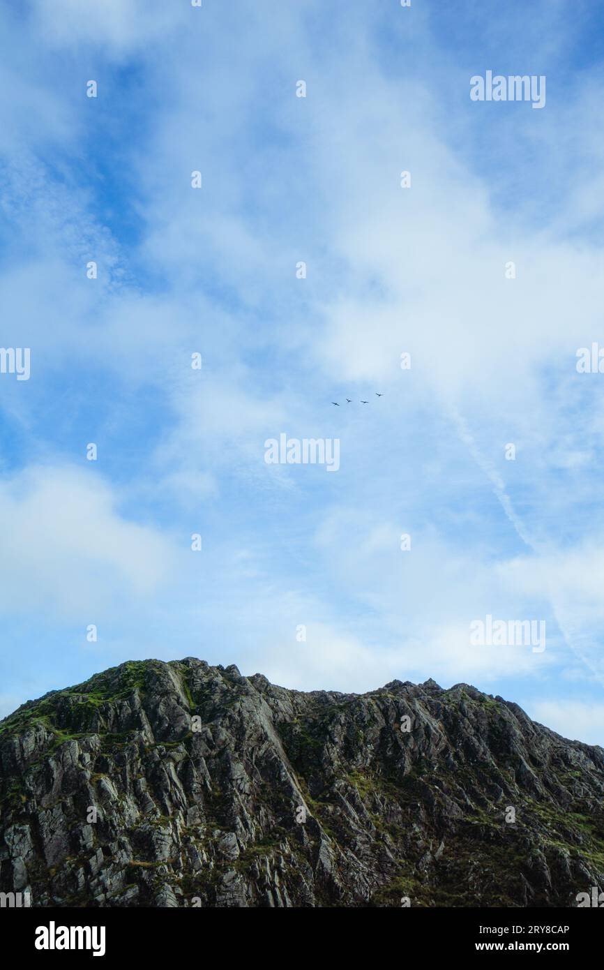 Blick auf den Berggipfel vor dem Himmel mit Vögeln im Lake District Stockfoto