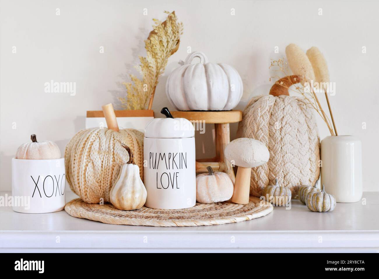 Herbstdekor im Boho-Stil mit Kürbissen und getrockneten Blumen und Kopierraum Stockfoto