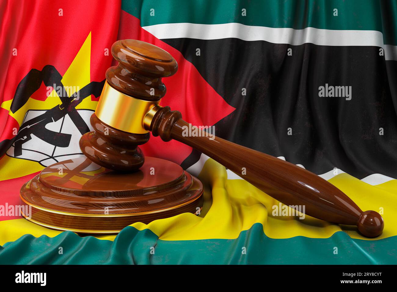 Mosambikanisches Recht- und Justizkonzept. Holzgabel auf der Flagge Mosambiks, 3D-Rendering Stockfoto