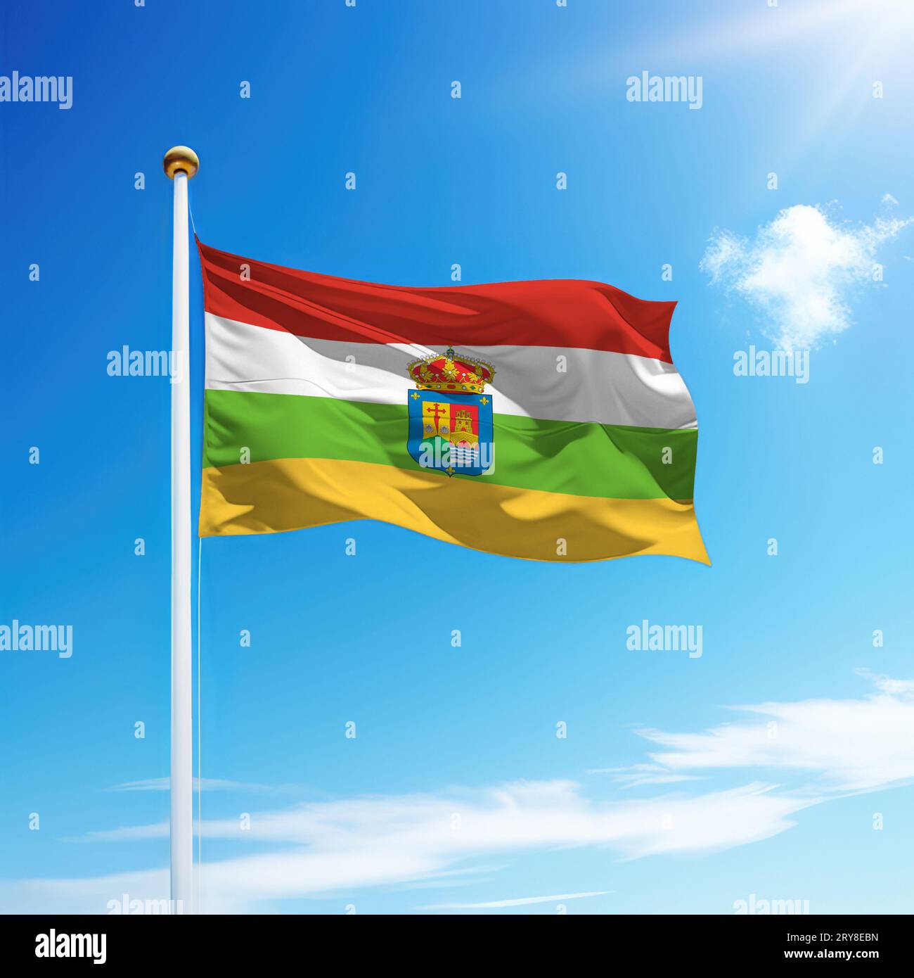 Die Flagge von La Rioja ist eine Gemeinschaft Spaniens auf einem Fahnenmast mit Himmelshintergrund. Stockfoto