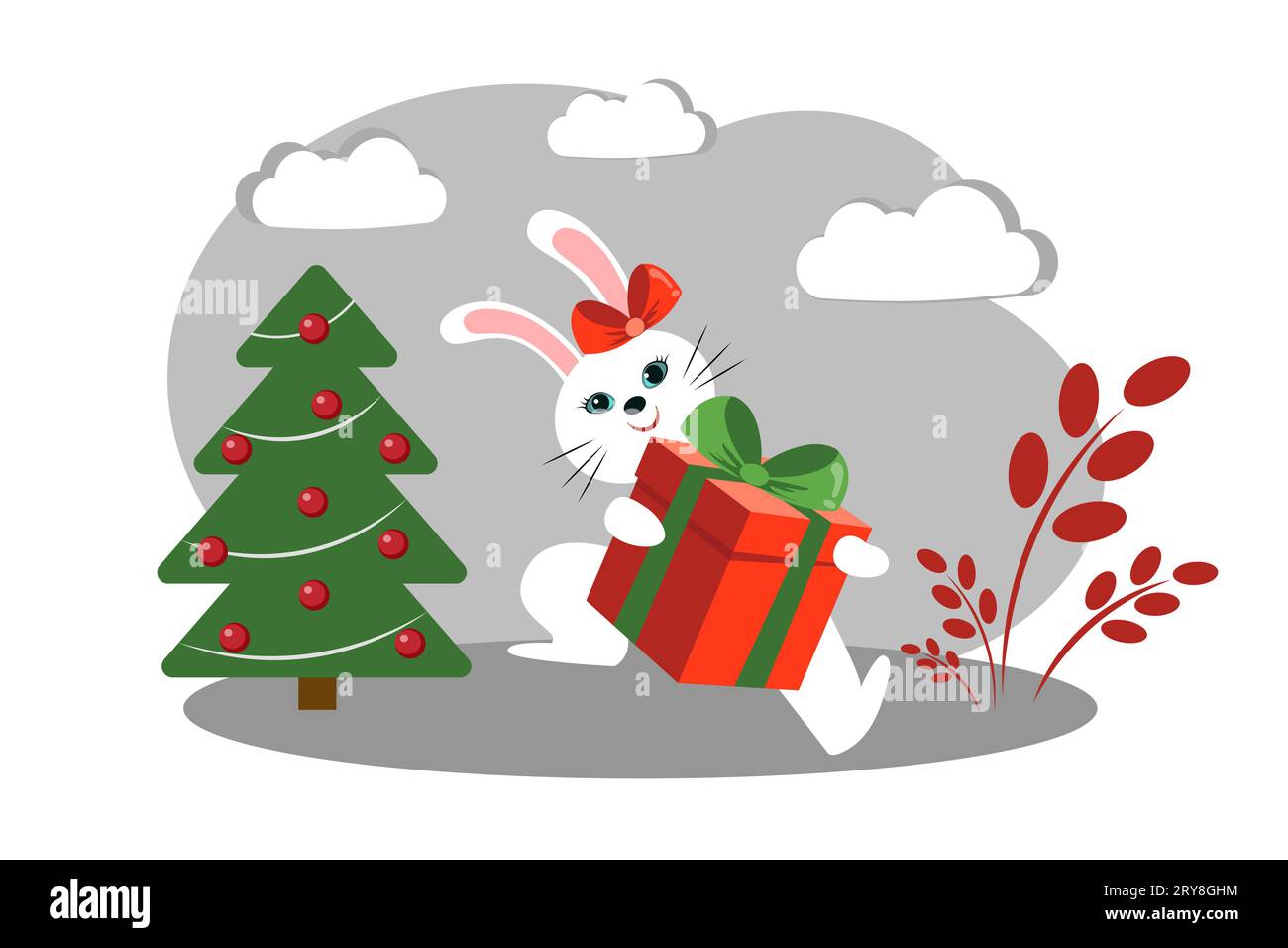 Kaninchen mit einem Geschenk. Frohe Weihnachten Stock Vektor