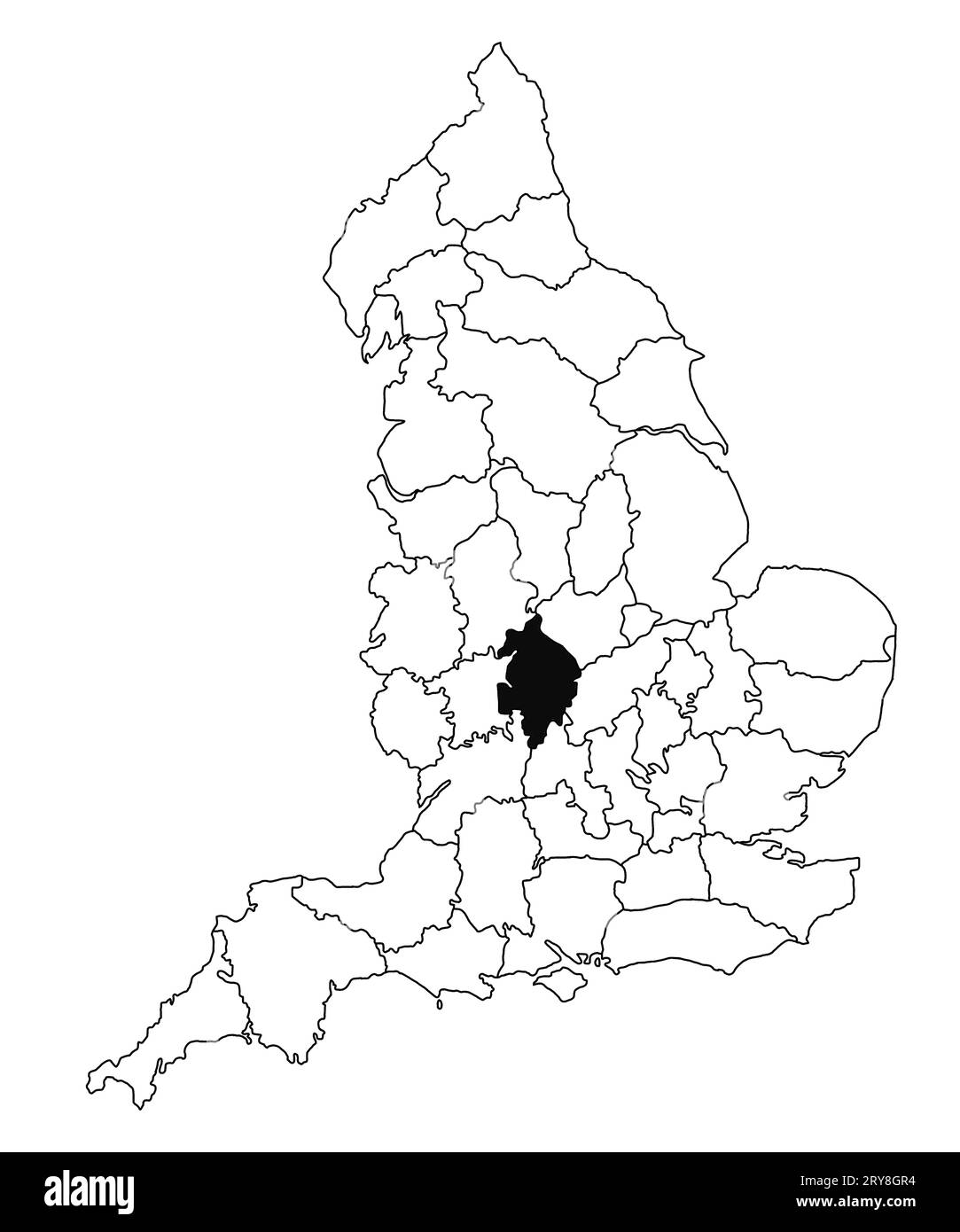 Karte von Warwickshire County in England auf weißem Hintergrund. Single County Karte, schwarz hervorgehoben auf der englischen Verwaltungskarte. Vereinigtes Königreich Stockfoto