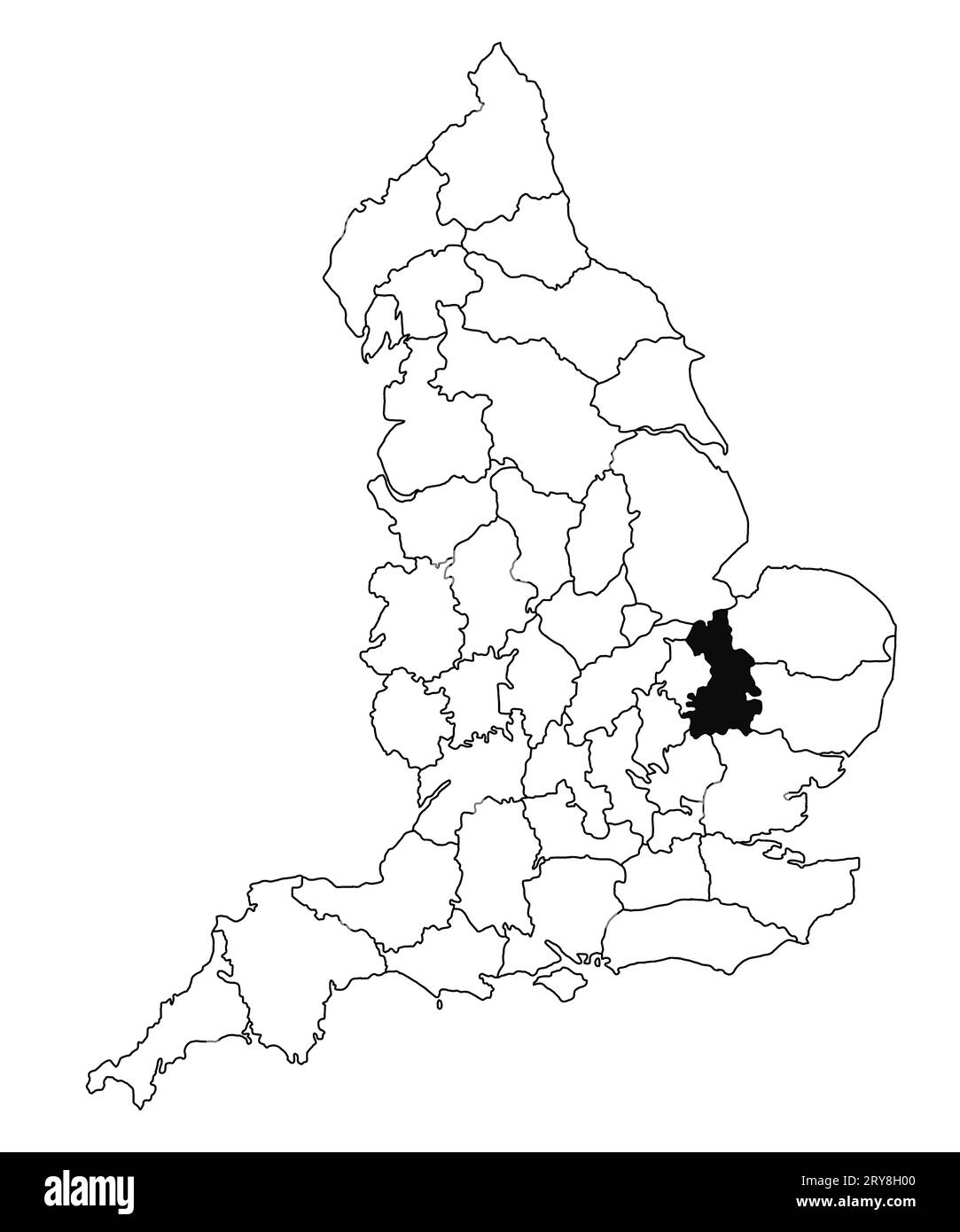 Karte von Cambridgeshire County in England auf weißem Hintergrund. Single County Karte, schwarz hervorgehoben auf der englischen Verwaltungskarte. Vereinigtes König Stockfoto