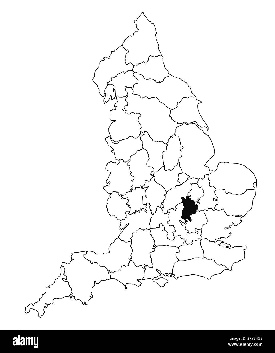 Karte von Bedfordshire County in England auf weißem Hintergrund. Single County Karte, schwarz hervorgehoben auf der englischen Verwaltungskarte. Vereinigtes Königreich Stockfoto