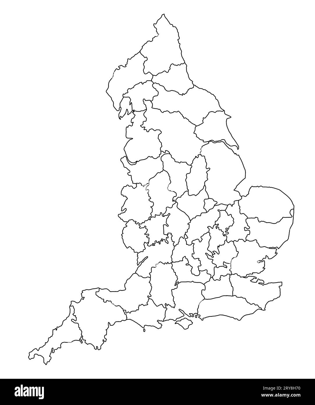 Landkarte von England auf weißem Hintergrund. Landkarte mit schwarzer Farbmarkierung auf der englischen Verwaltungskarte. Großbritannien, Großbritannien, Großbritannien Stockfoto