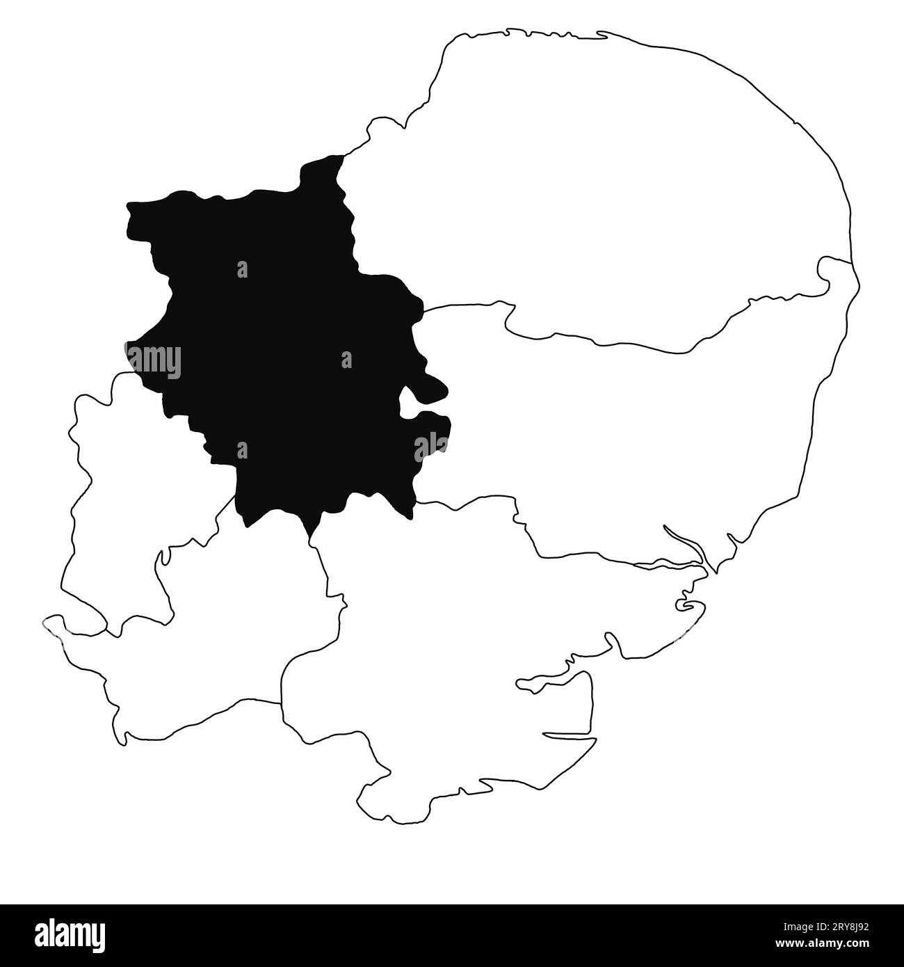 Karte von Cambridgeshire im Osten Englands Provinz auf weißem Hintergrund. Single County Karte, schwarz hervorgehoben auf Ost-England administrativ Stockfoto