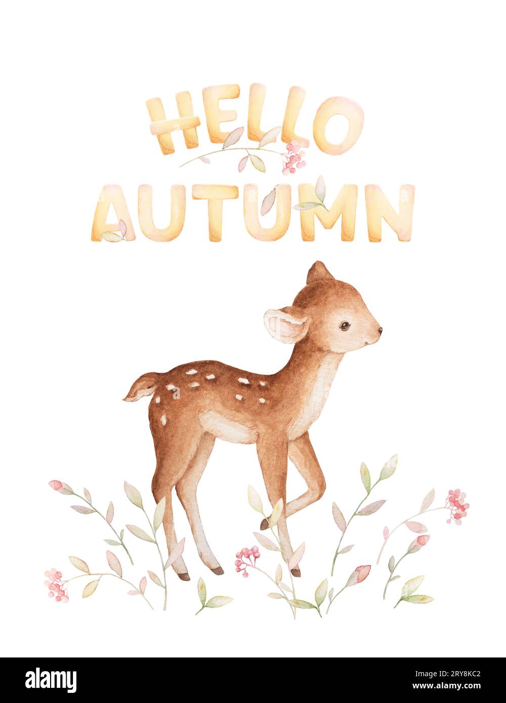 Hallo Herbst, Babykartenbeschriftung, Little Deer Watercolor, Red Rowan Watercolor, Weißer Hintergrund Stockfoto