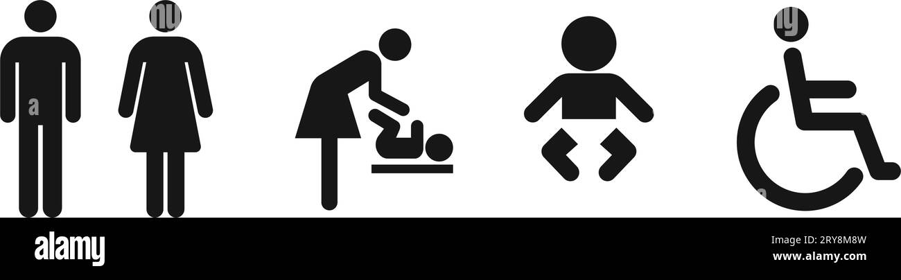 Einfache gemeinsame Toilette Babywischtisch Raum deaktiviert Symbol Zeichen Set Vektor isoliert auf weißem Hintergrund Stock Vektor