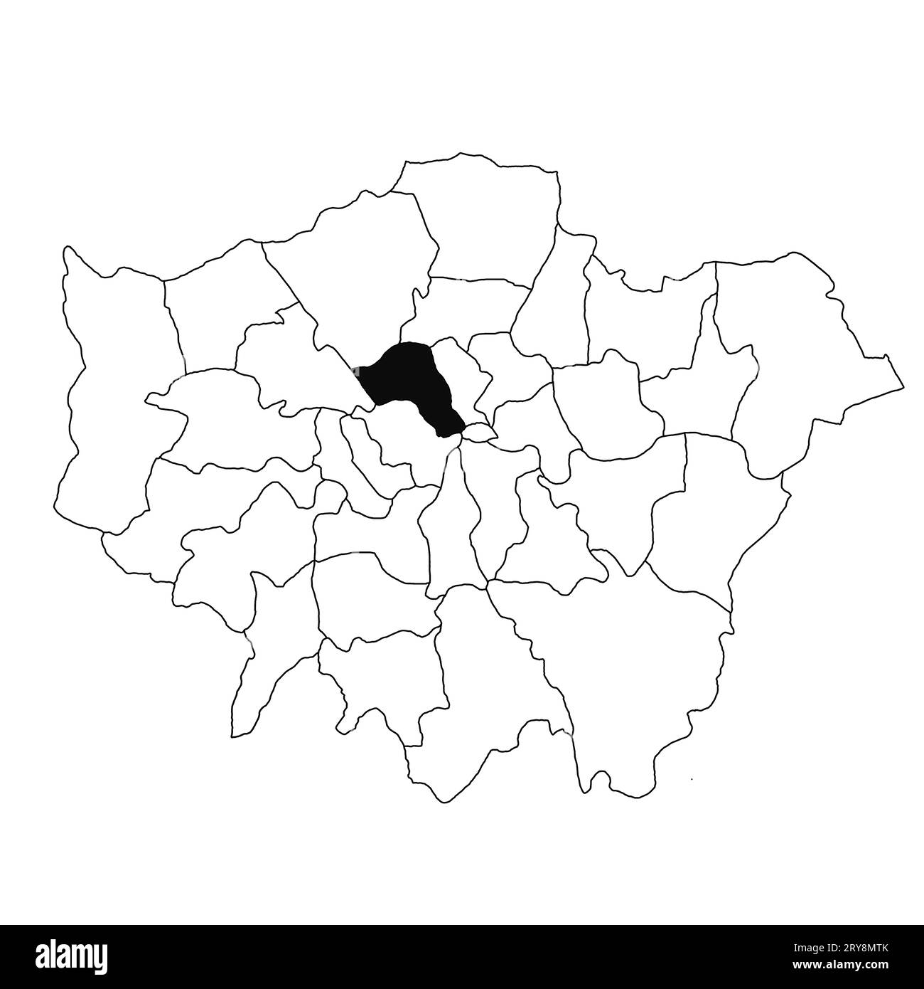 Karte von Camden im Großraum London auf weißem Hintergrund. Single County Karte, schwarz hervorgehoben auf Greater London, England administrative Stockfoto