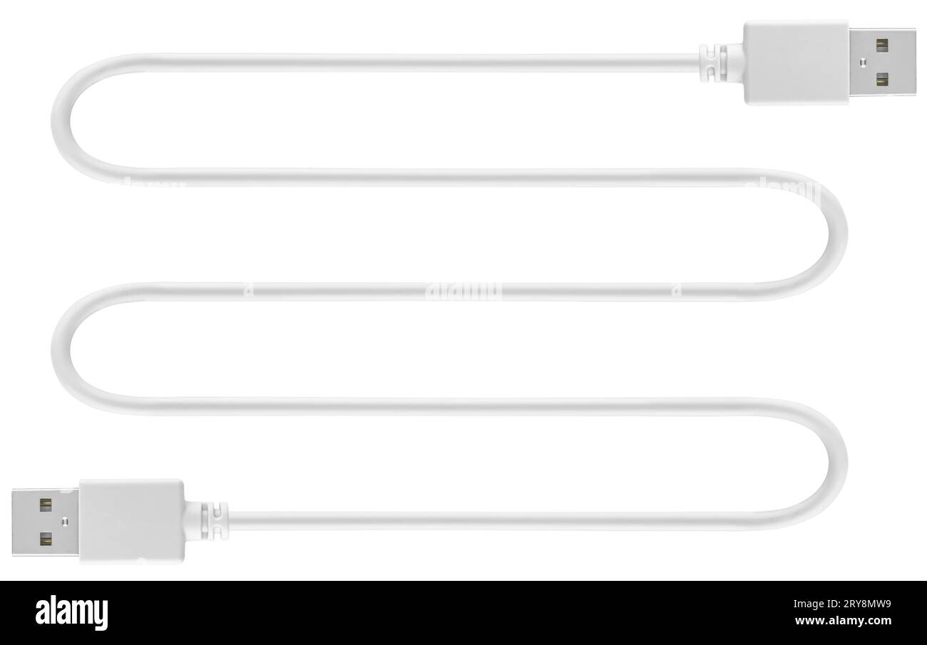 Weißes Kabel mit USB-Anschlüssen, isoliert auf weißem Hintergrund Stockfoto