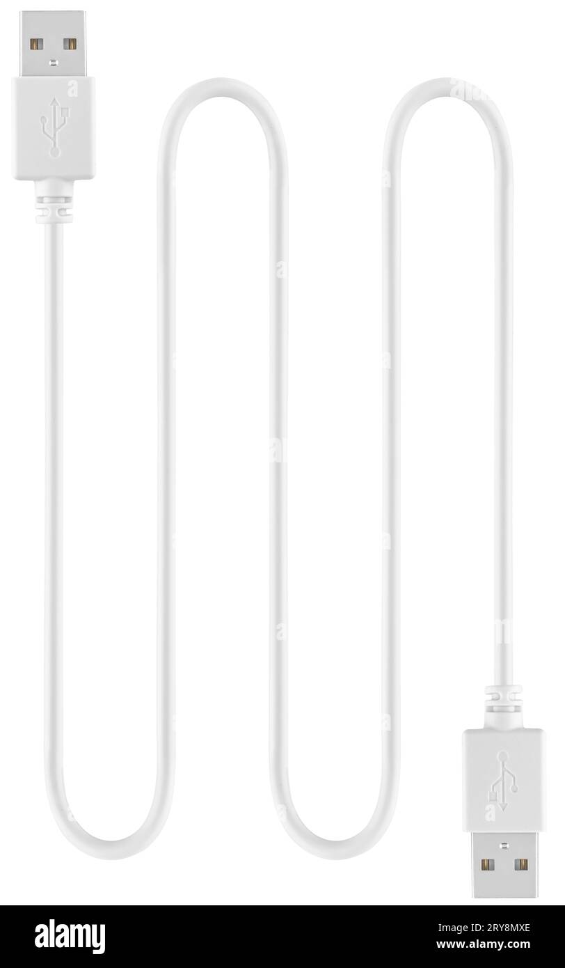 Weißes Kabel mit USB-Anschlüssen, isoliert auf weißem Hintergrund Stockfoto