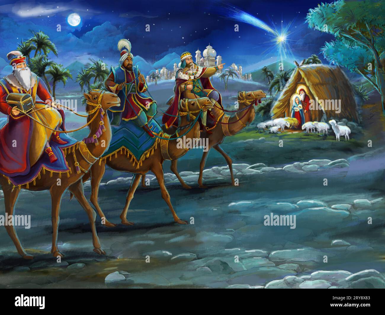 Religiöse Illustration drei Könige - und heilige Familie - traditionelle Szene - Illustration für Kinder Stockfoto