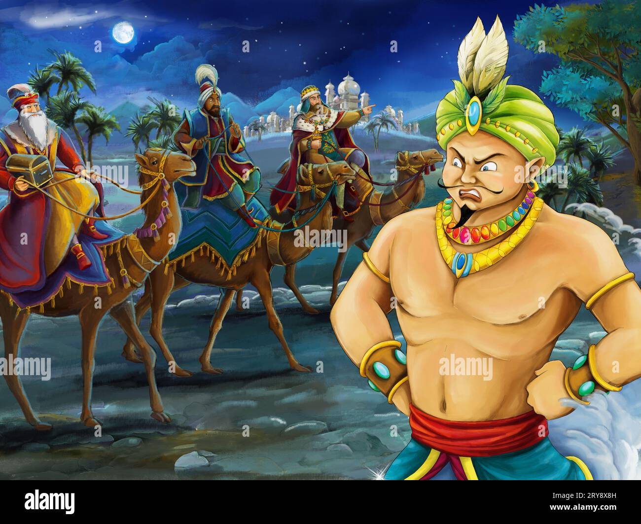 Religiöse Illustration drei Könige - und heilige Familie - traditionelle Szene - Illustration für Kinder Stockfoto