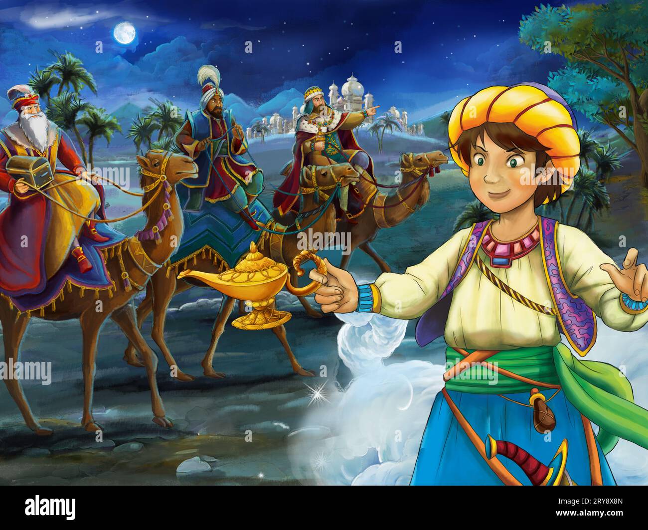 Religiöse Illustration drei Könige - und heilige Familie - traditionelle Szene - Illustration für Kinder Stockfoto