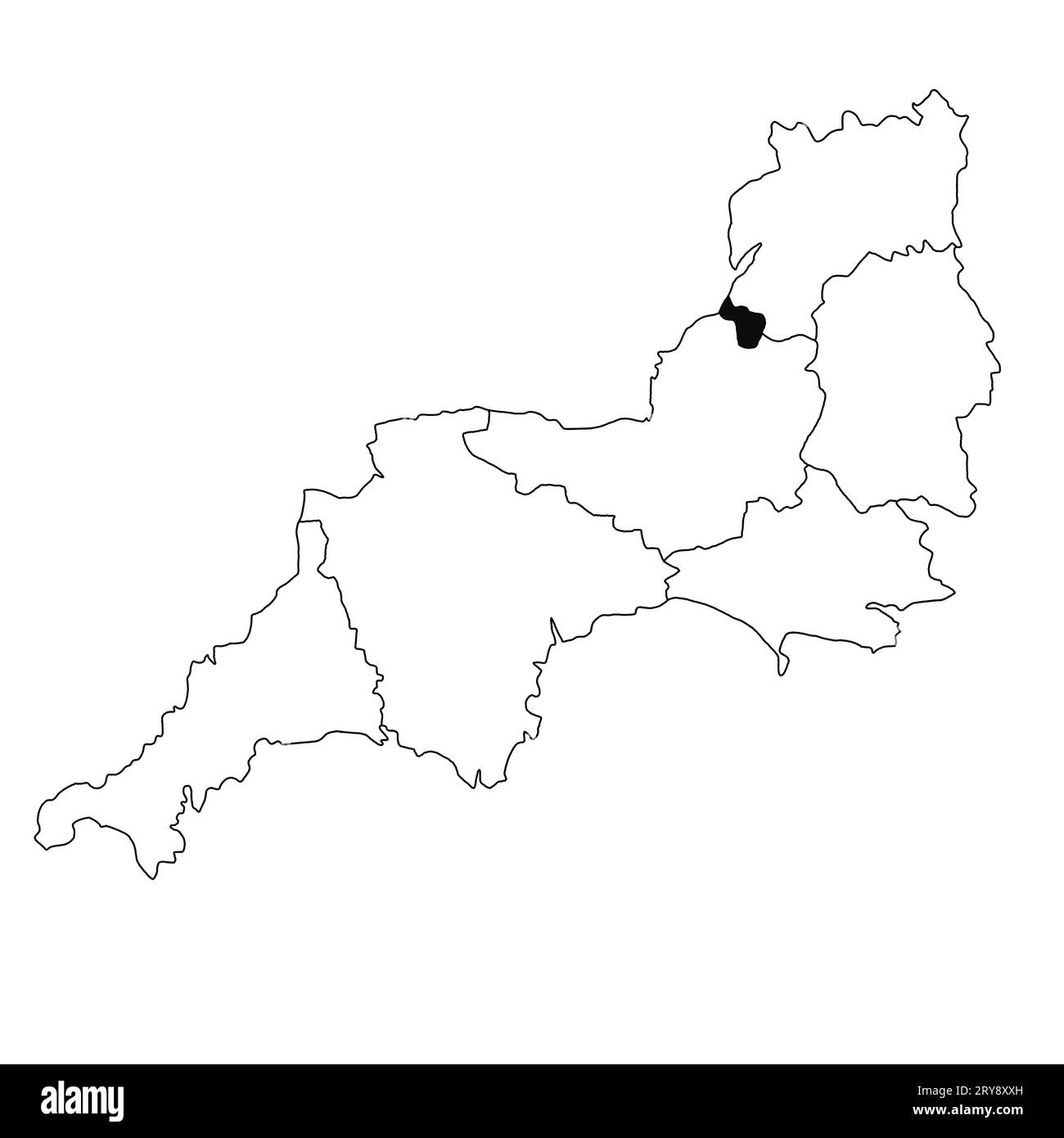 Karte von Bristol in der Provinz Südwestengland auf weißem Hintergrund. Single County Karte mit schwarzer Farbmarkierung auf South West England administrativ Stockfoto