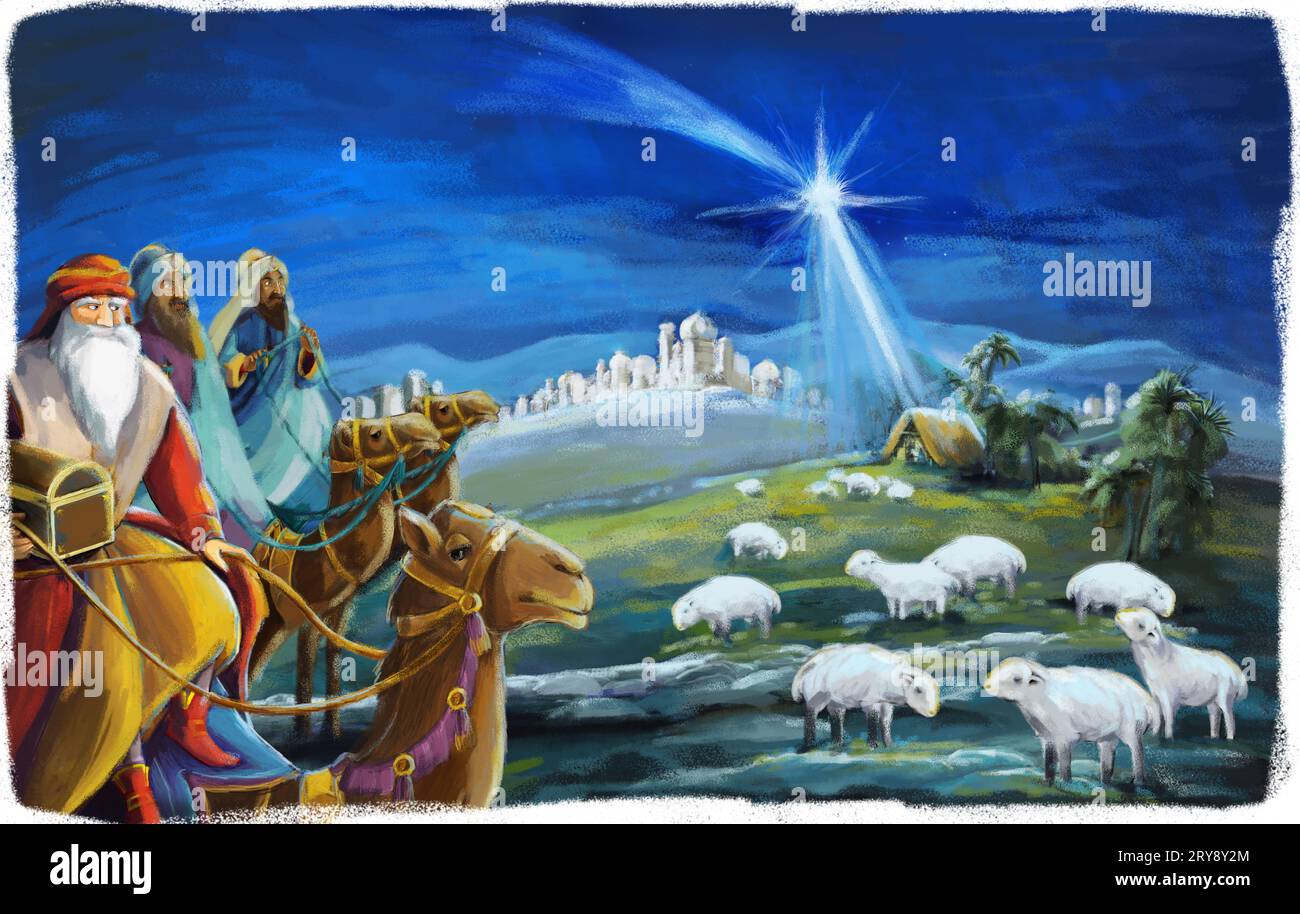 Religiöse Illustration drei Könige - und heilige Familie - traditionelle Szene - Illustration für Kinder Stockfoto