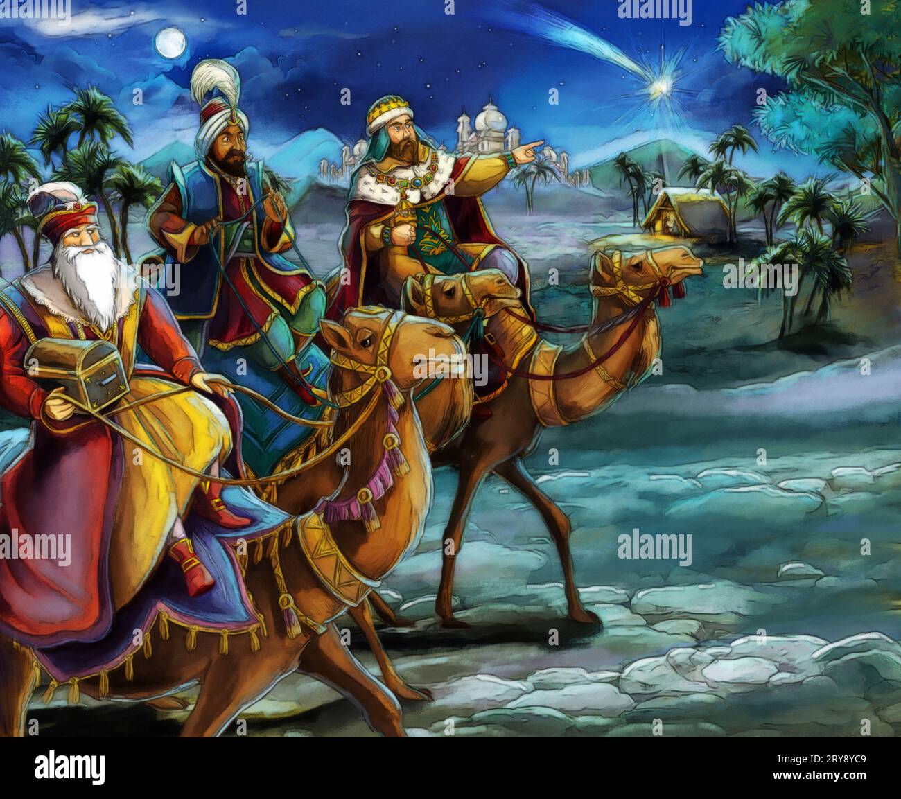 Religiöse Illustration drei Könige - und heilige Familie - traditionelle Szene - Illustration für Kinder Stockfoto