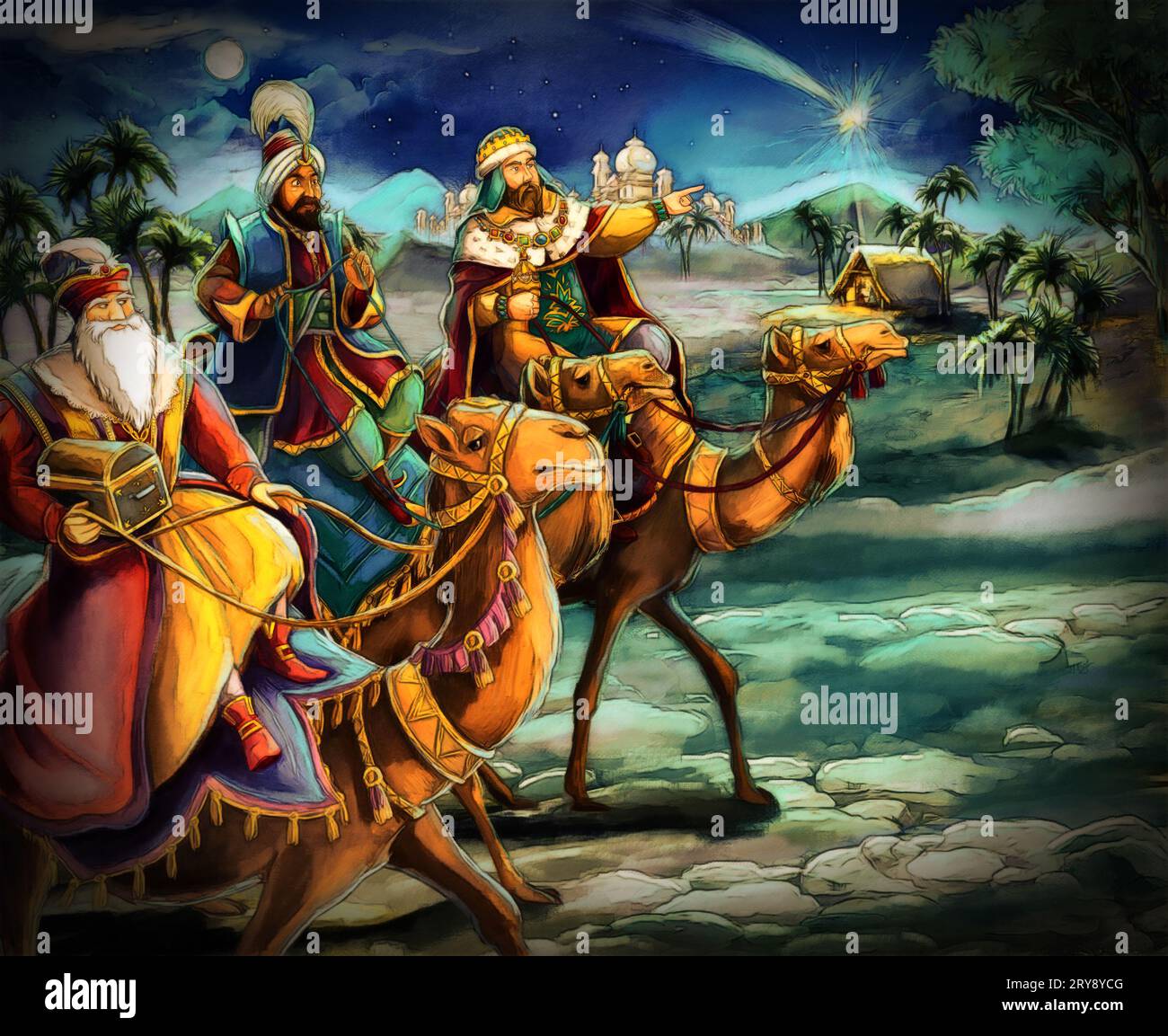 Religiöse Illustration drei Könige - und heilige Familie - traditionelle Szene - Illustration für Kinder Stockfoto