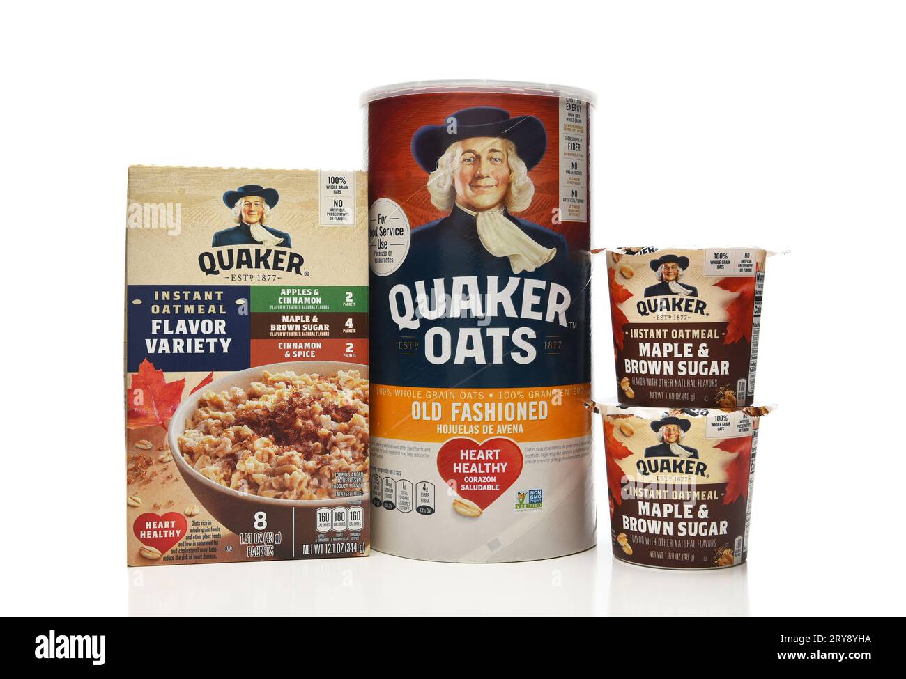 IRIVNE, KALIFORNIEN - 17. SEPTEMBER 2023: Eine Vielzahl von Quaker Oats Haferflocken, Old Fashioned und Instant. Stockfoto