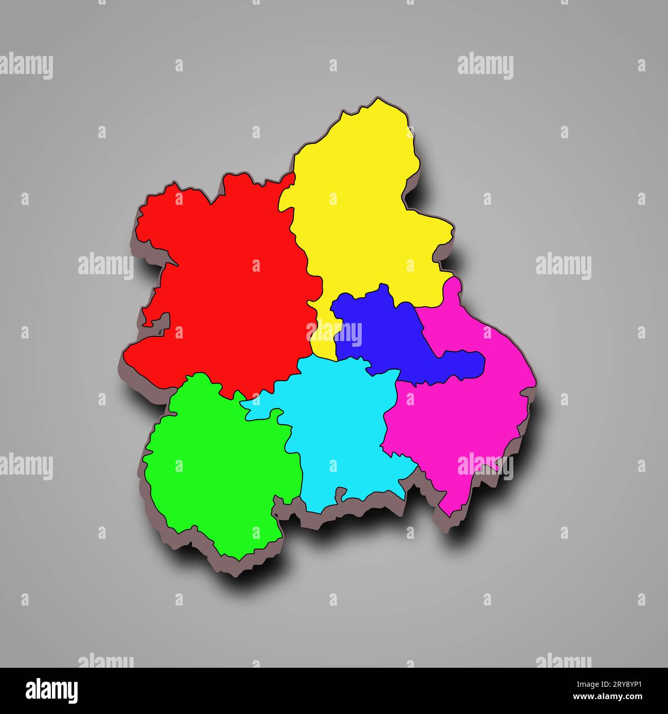 Die farbenfrohe 3D-Karte von West Midlands England ist eine Region Englands, mit Grenzen der zeremoniellen Grafschaften und verschiedenen Farben. Stockfoto