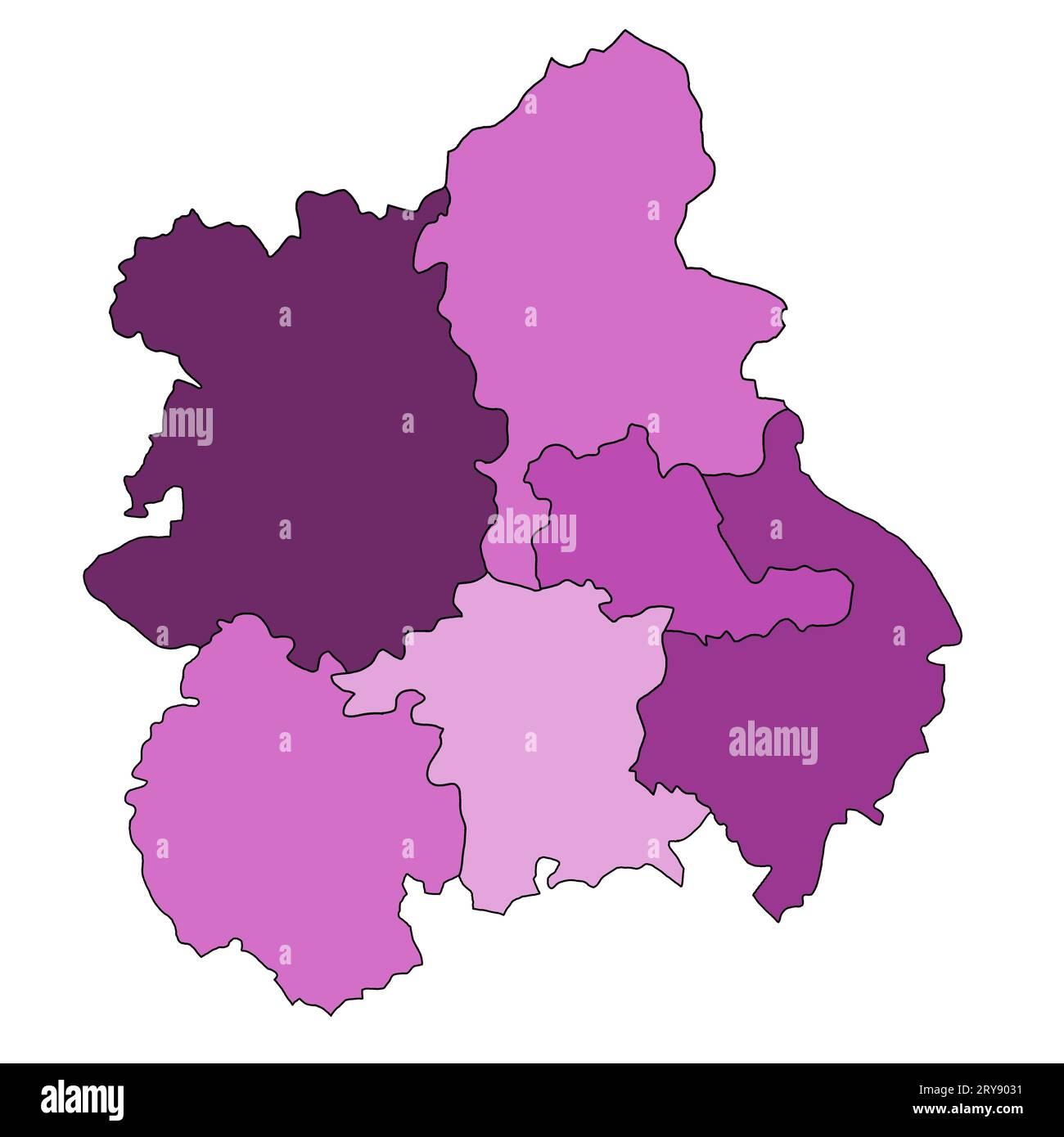 Die lila Karte von West Midlands England ist eine Region Englands, mit Grenzen der zeremoniellen Grafschaften und verschiedenen Farben. Stockfoto