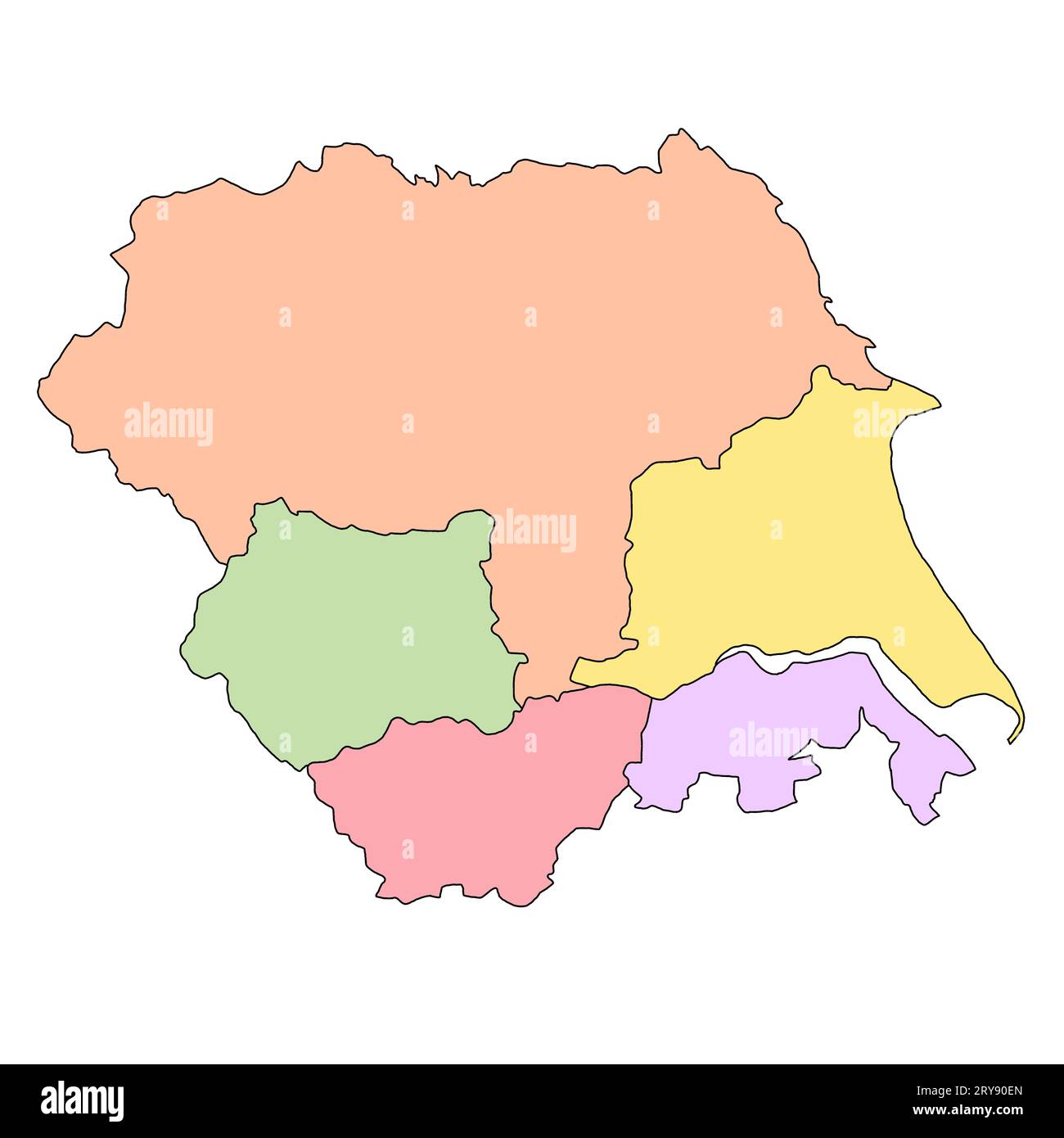 Karte von Yorkshire and the Humber ist eine Region Englands, mit Grenzen der zeremoniellen Grafschaften und verschiedenen Farben. Stockfoto