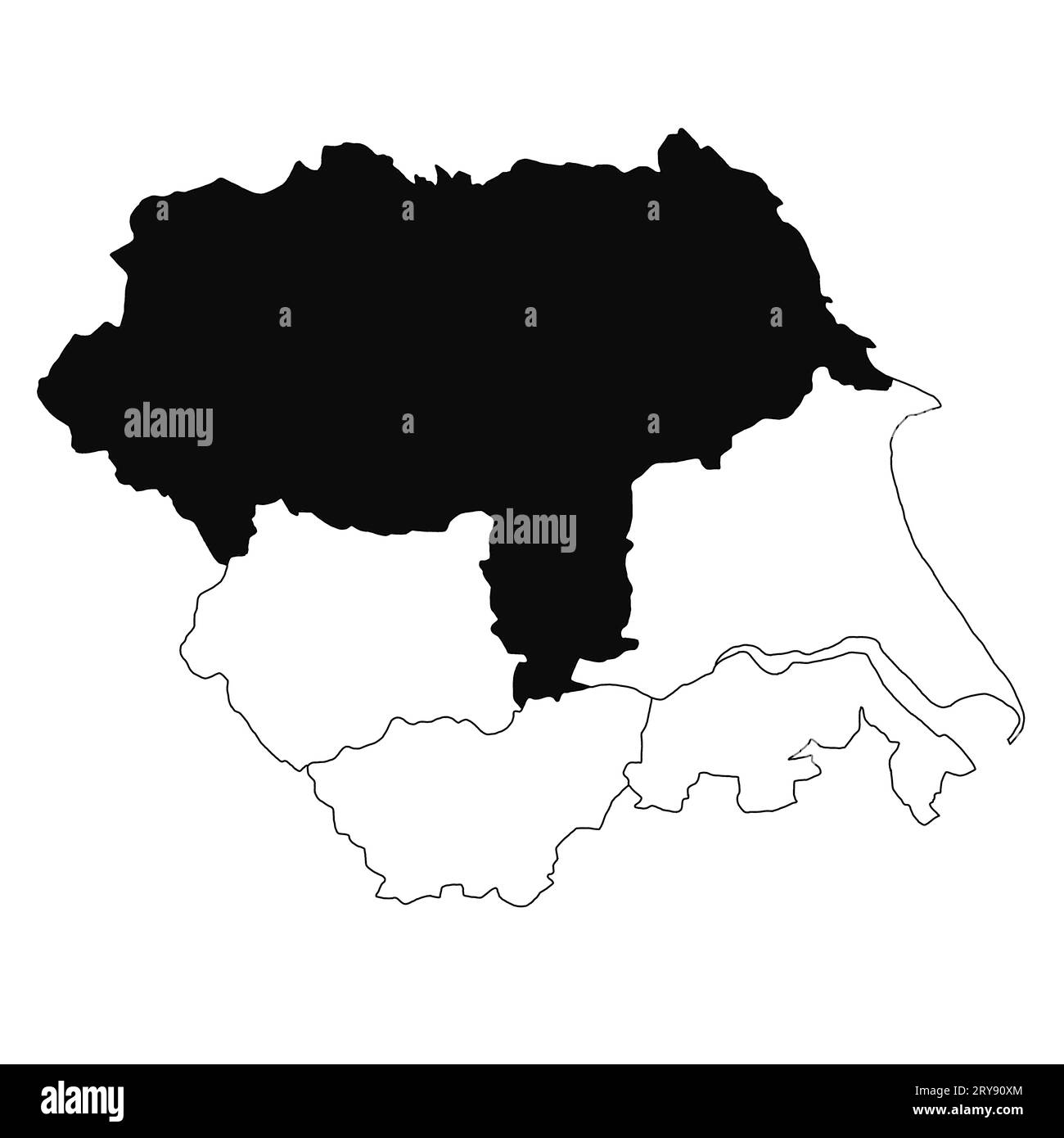 Karte von North Yorkshire in Yorkshire und der Provinz Humber auf weißem Hintergrund. Single County Karte mit schwarzer Farbmarkierung auf Yorkshire und dem H Stockfoto