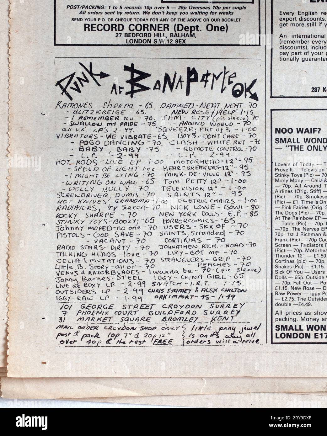 Werbespot für Punk Records in Bonaporte OK Croydon, Ausgabe 1970 von NME New Musical Express Music Paper Stockfoto
