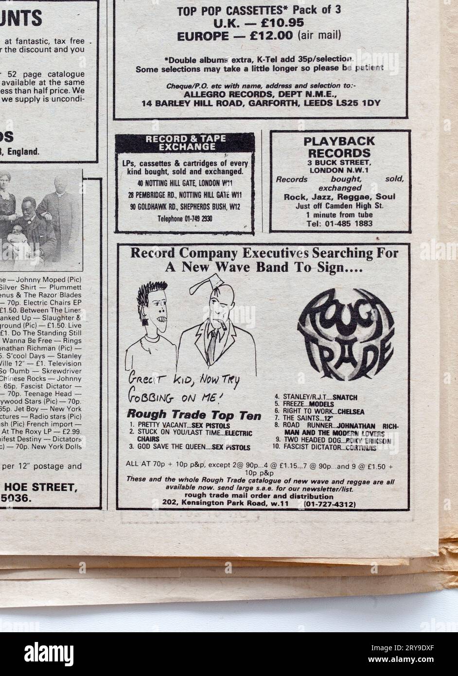 Werbespot für ROUGH TRADE Records in der 1970er-Ausgabe des NME New Musical Express Music Paper Stockfoto