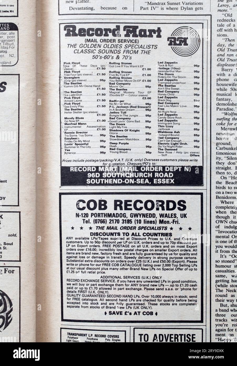 Werbespot für Mail Order Records in der 1970er-Ausgabe des NME New Musical Express Music Paper Stockfoto