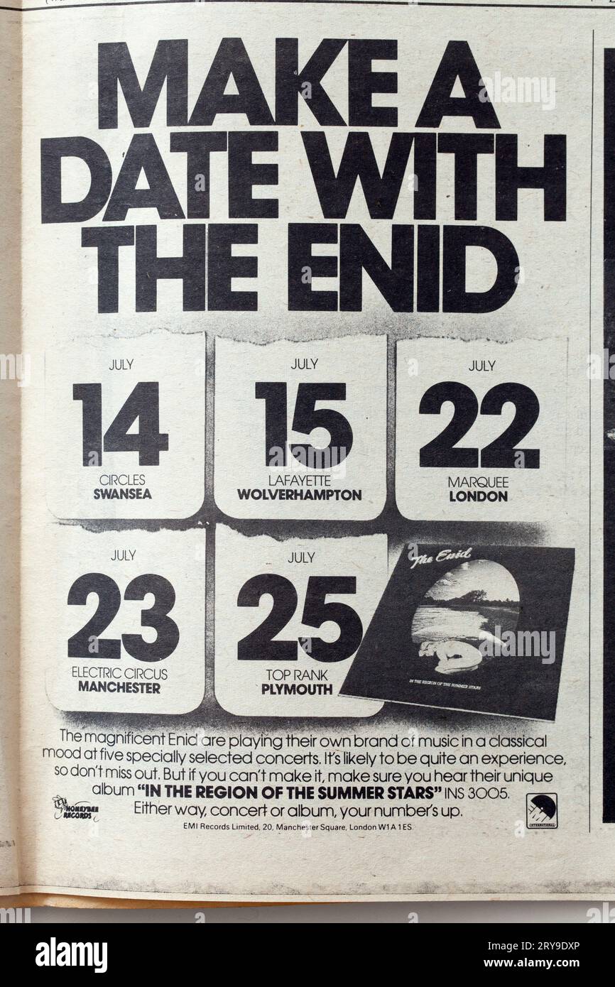 Konzertanzeigen in der 1970er-Ausgabe des NME New Musical Express Music Paper Stockfoto