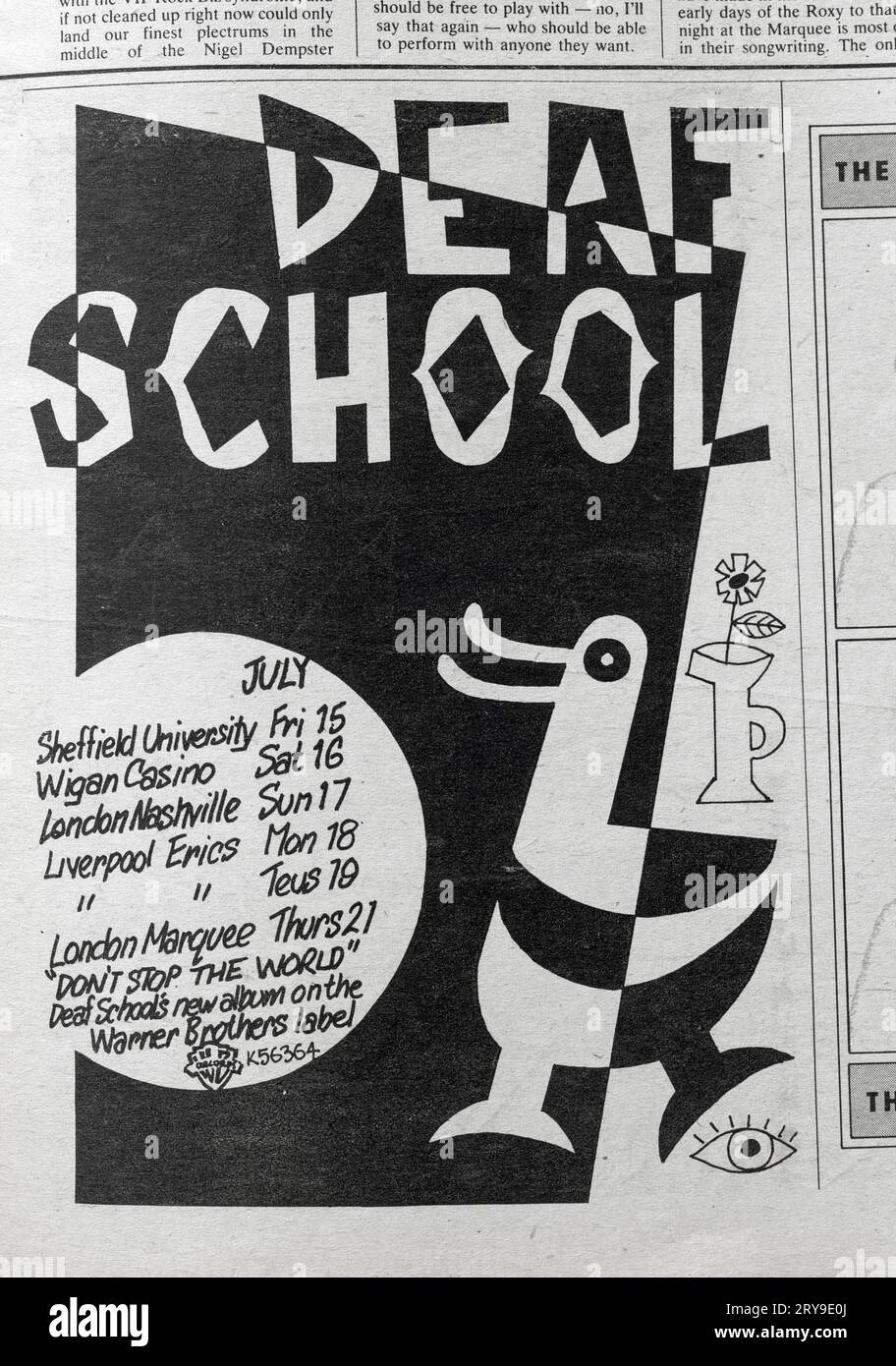 Werbespot für Gruppenkonzerte der Deaf School in der Ausgabe von NME New Musical Express Music Paper in den 1970er Jahren Stockfoto
