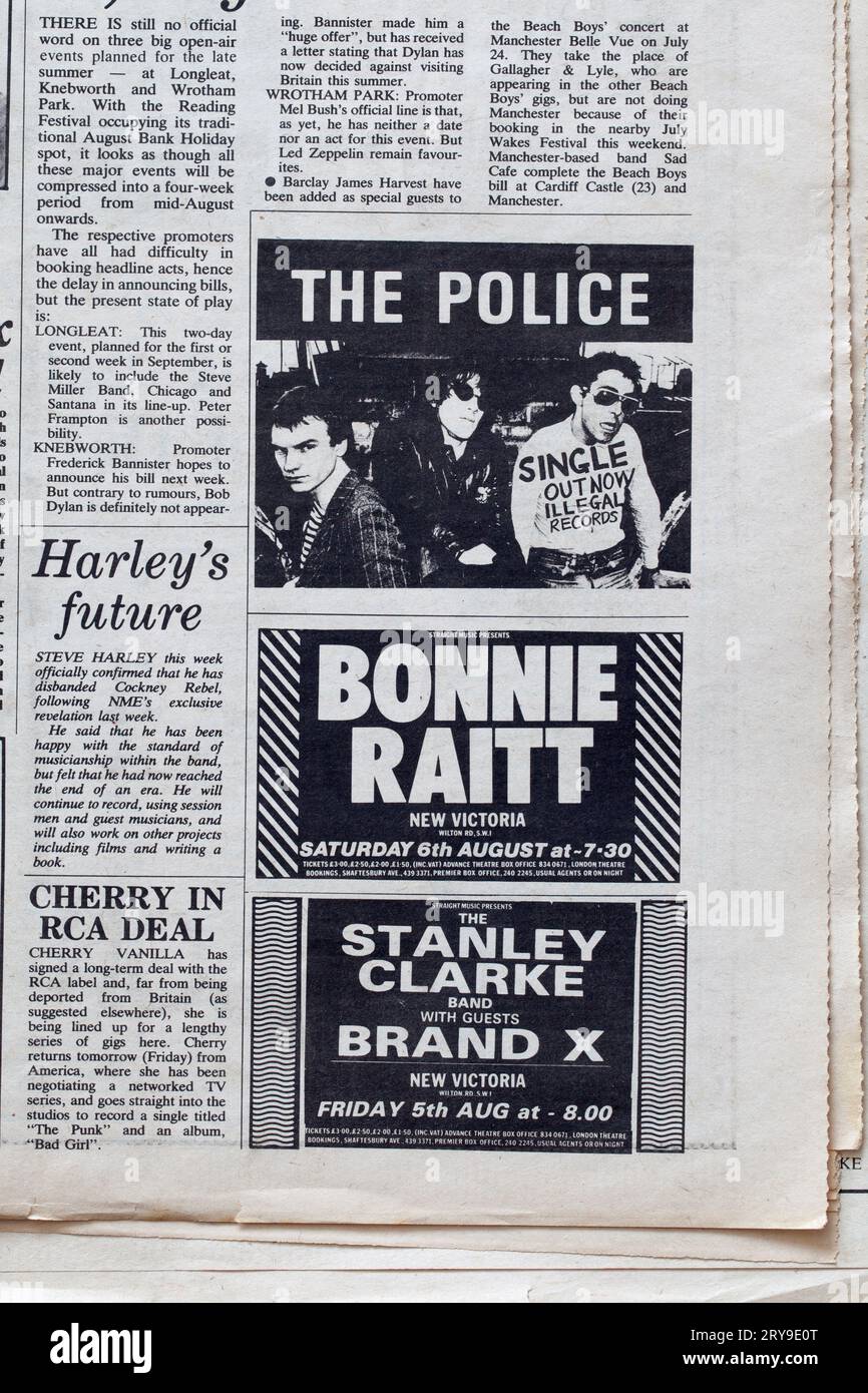 Werbespot für Rockkonzerte in der 1970er-Ausgabe des NME New Musical Express Music Paper Stockfoto