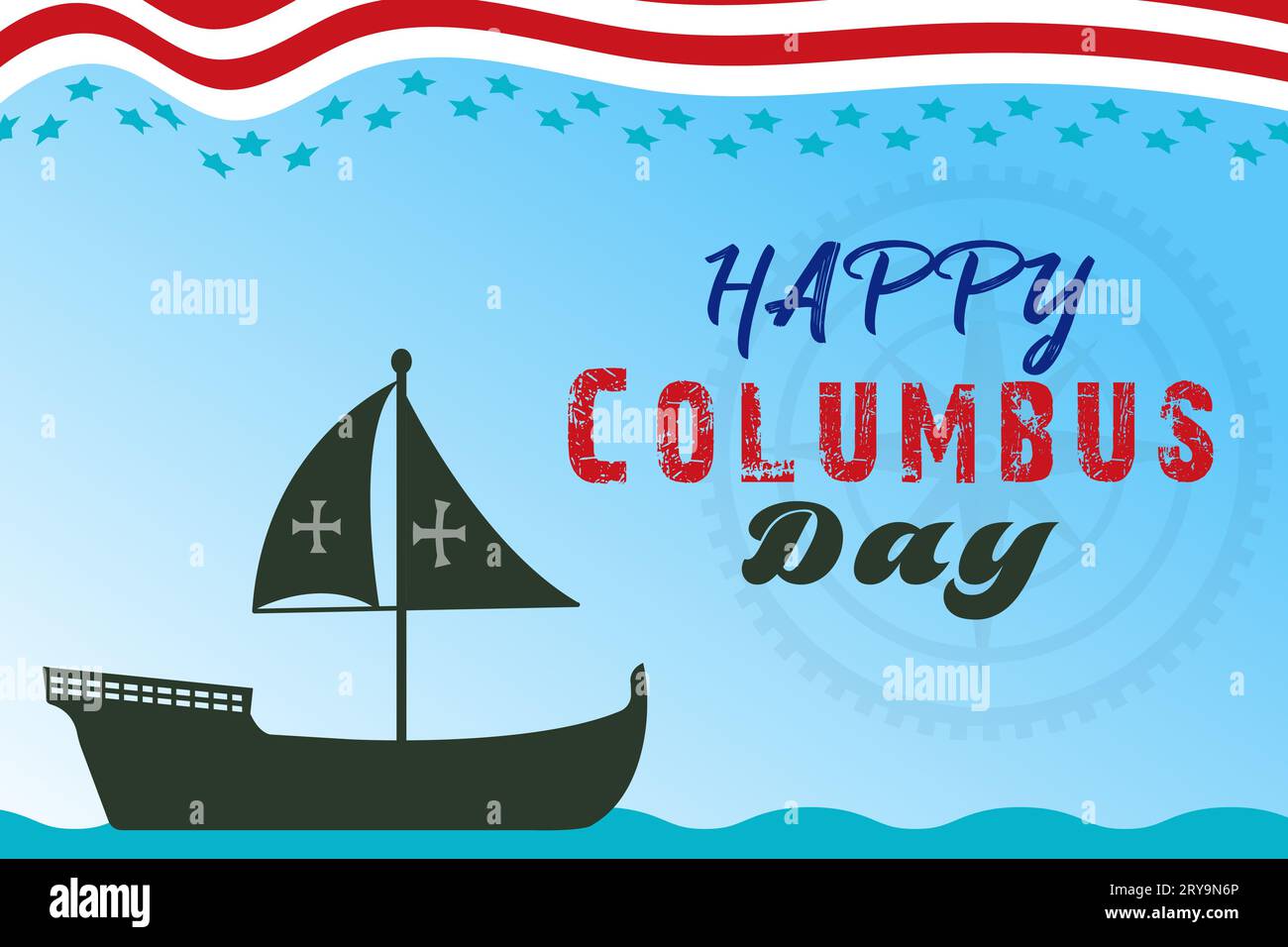 Glückwunschkarte zum Columbus-Tag mit Segelschiff. Christopher Columbus National USA Holiday Banner mit amerikanischer Flagge, Meereswellen, Steer Wh Stock Vektor