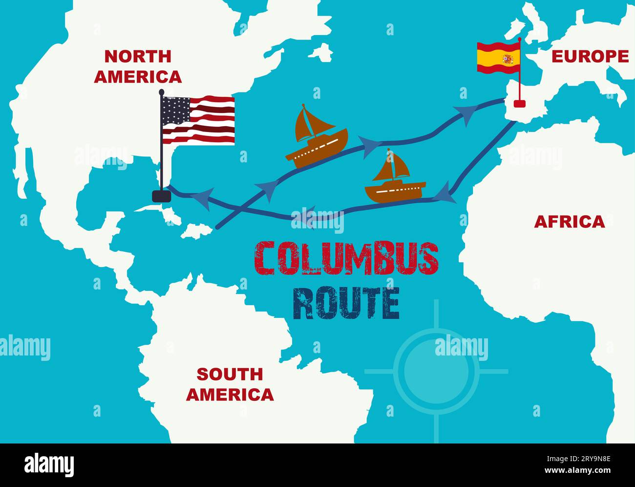 Columbus Routes Map von Europa nach Amerika. Weltkarte mit Columbus Route Segelschiff. Infografik zur Entdeckung Amerikas am Columbus Day. Von Spanien nach Amerika Stock Vektor