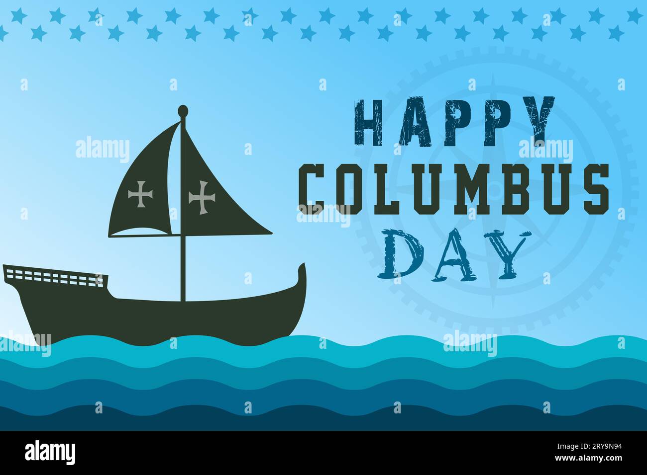 Glückwunschkarte zum Columbus-Tag mit Segelschiff. Christopher Columbus National USA Holiday Banner mit amerikanischer Flagge, Meereswellen, Steer Wh Stock Vektor
