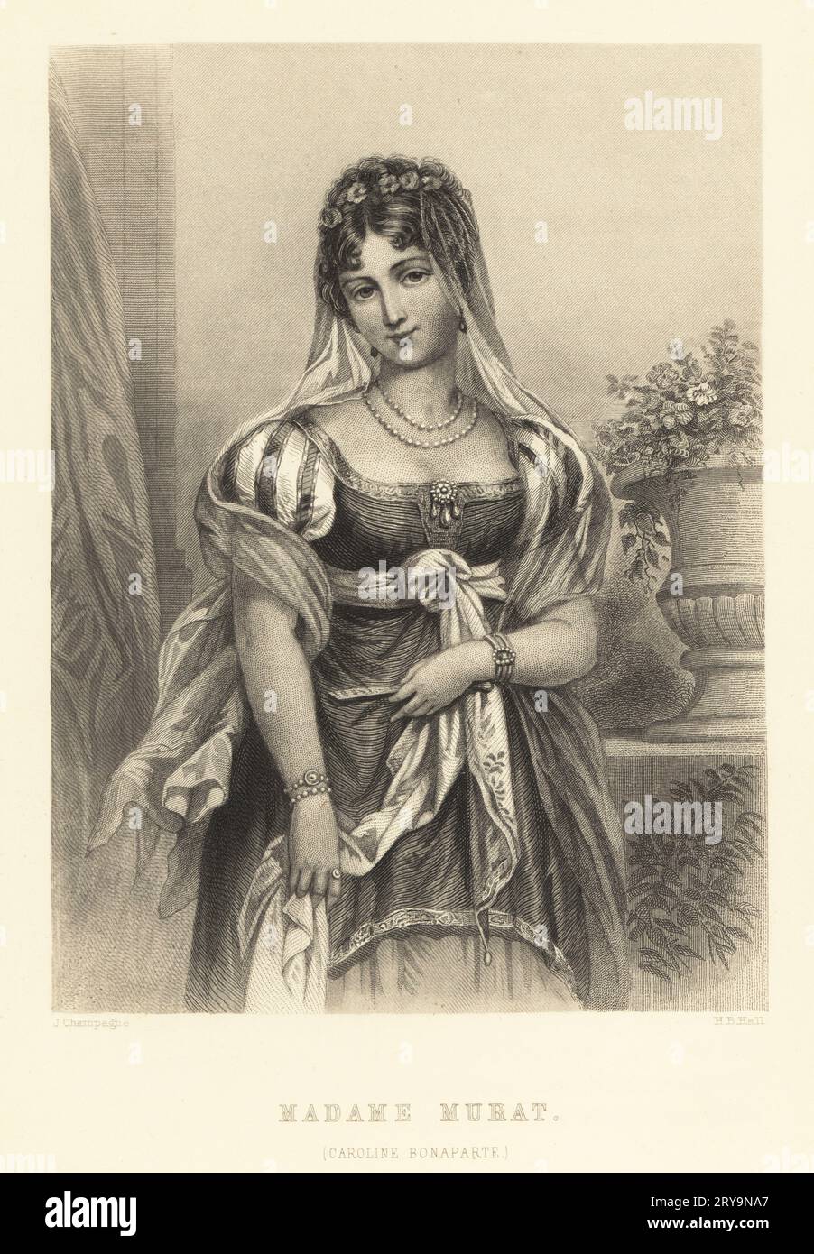 Carolina Maria Annunziata Bonaparte Murat Macdonald, 1782-1839. Caroline Bonaparte, französische Prinzessin, jüngere Schwester von Kaiser Napoleon I. von Frankreich. 1800 heiratete Caroline Joachim Murat, Marschall des Reiches, Prinz Murat und später König von Neapel. Stahlstich von H. B. Hall nach einem Porträt von Jules Champagne aus Frank B. Goodrichs The Court of Napoleon or Society Under the First Empire, J. B. Lippincott, Philadelphia, 1875. Stockfoto