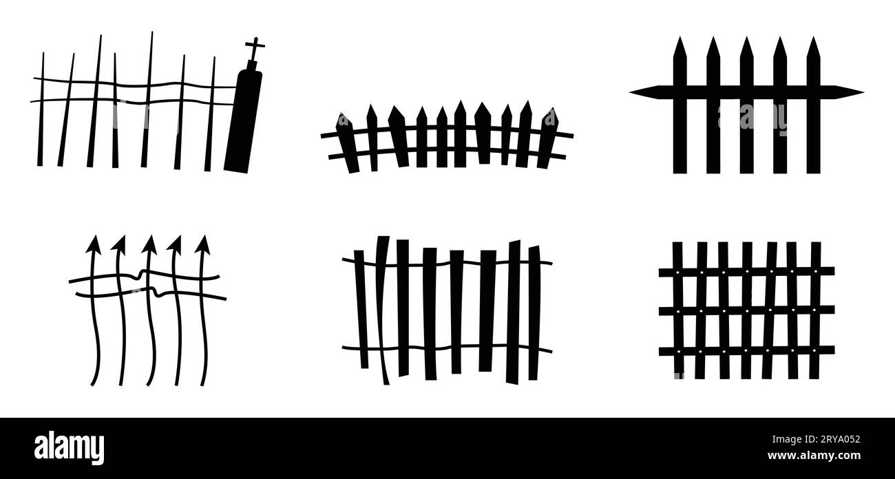 Set mit gruseligem, gebrochenem Zaun in schlichtem Silhouettenstil. Vektor Halloween Elements Illustration. Friedhofstor-Sammlung von Halloween-Vektor isoliert Stock Vektor