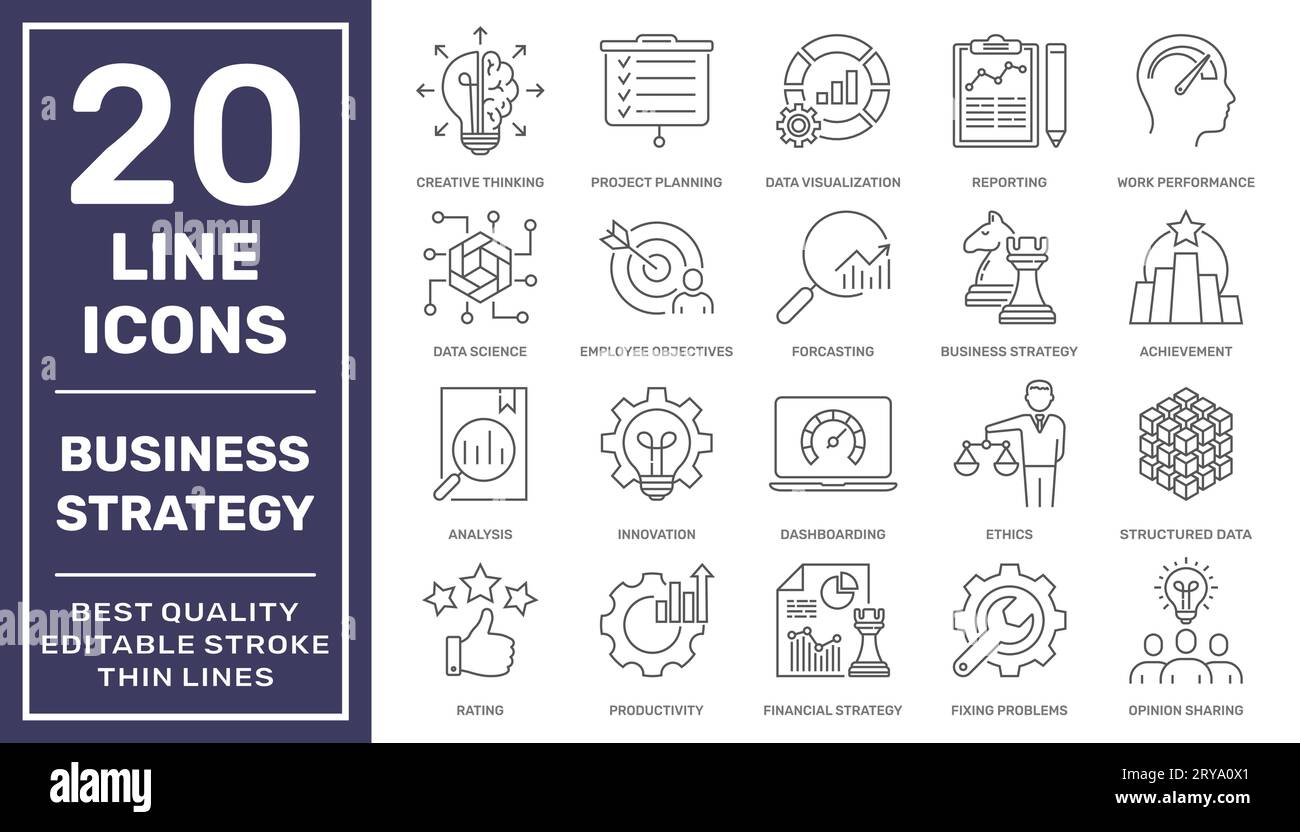 Symbole für Geschäftsstrategie und Intelligence-Zeile festgelegt. Suche, Strategien, Marketing, Berichte, Analyse und mehr. Sammlung von Vektorlinien-Symbolen. Bearbeitbar Stock Vektor